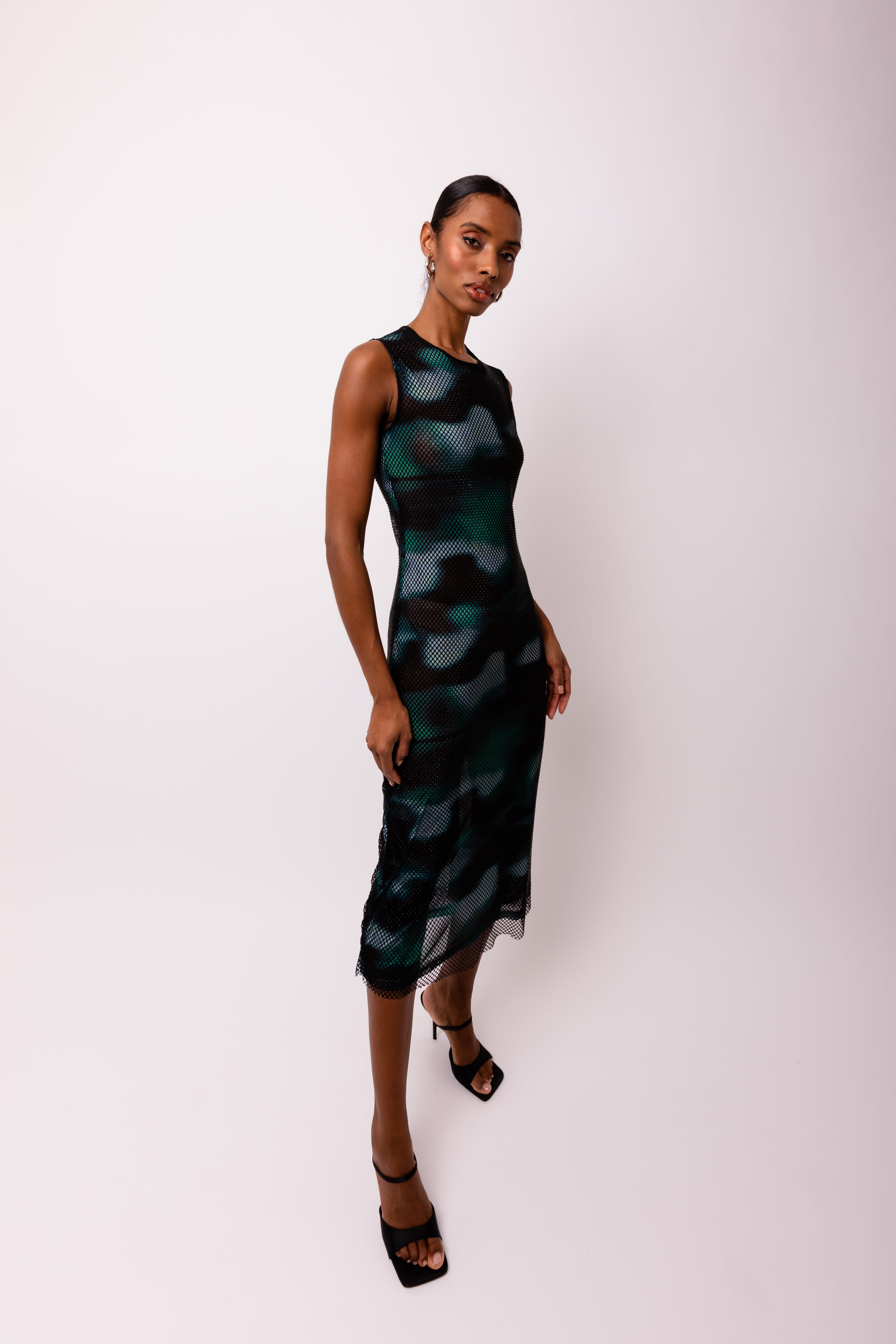 Porto Crystal Embellished Abstract Print Mesh Midi Dress | AMYLYNN