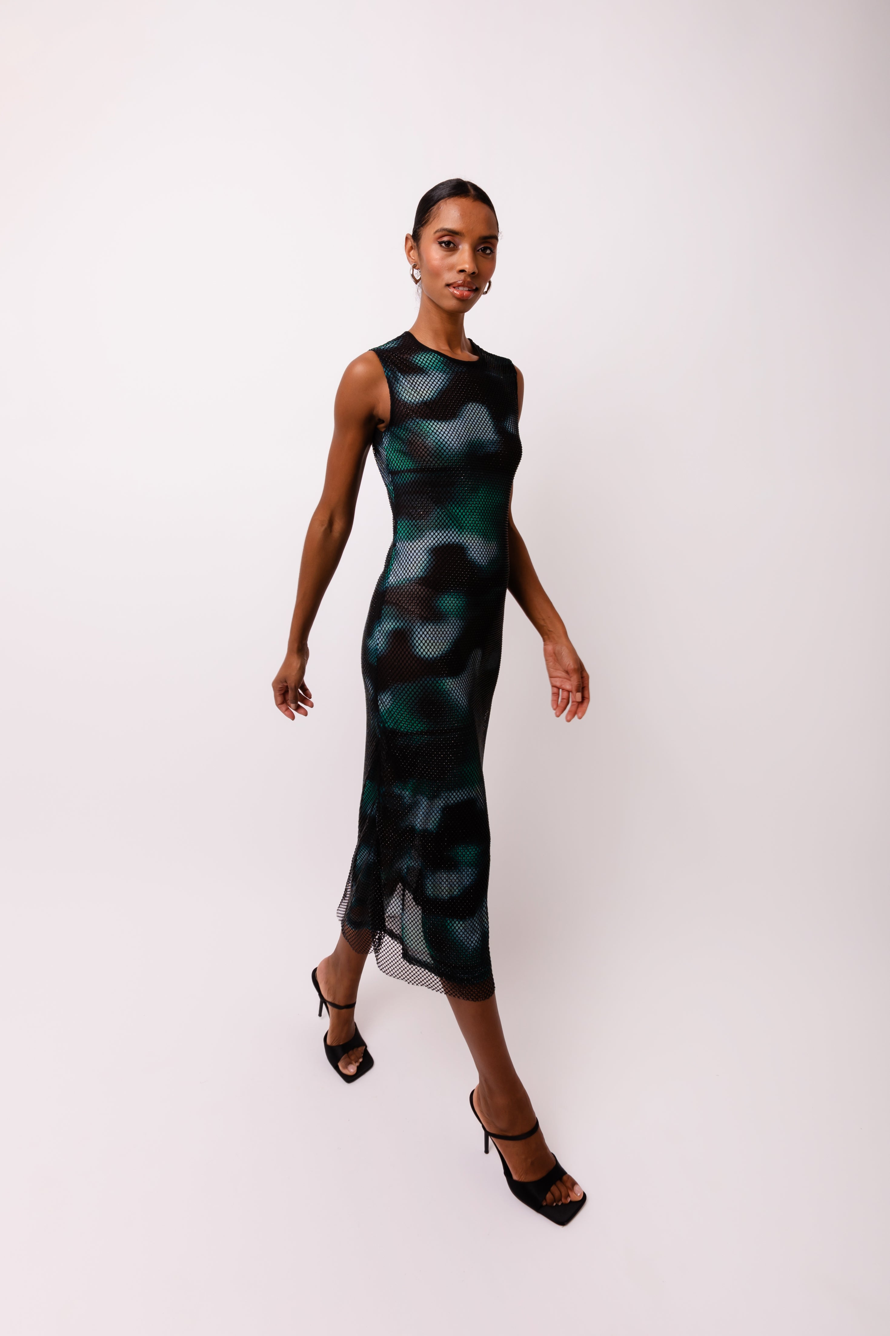 Porto Abstract Print Mesh Stretch Maxi Dress | AMYLYNN