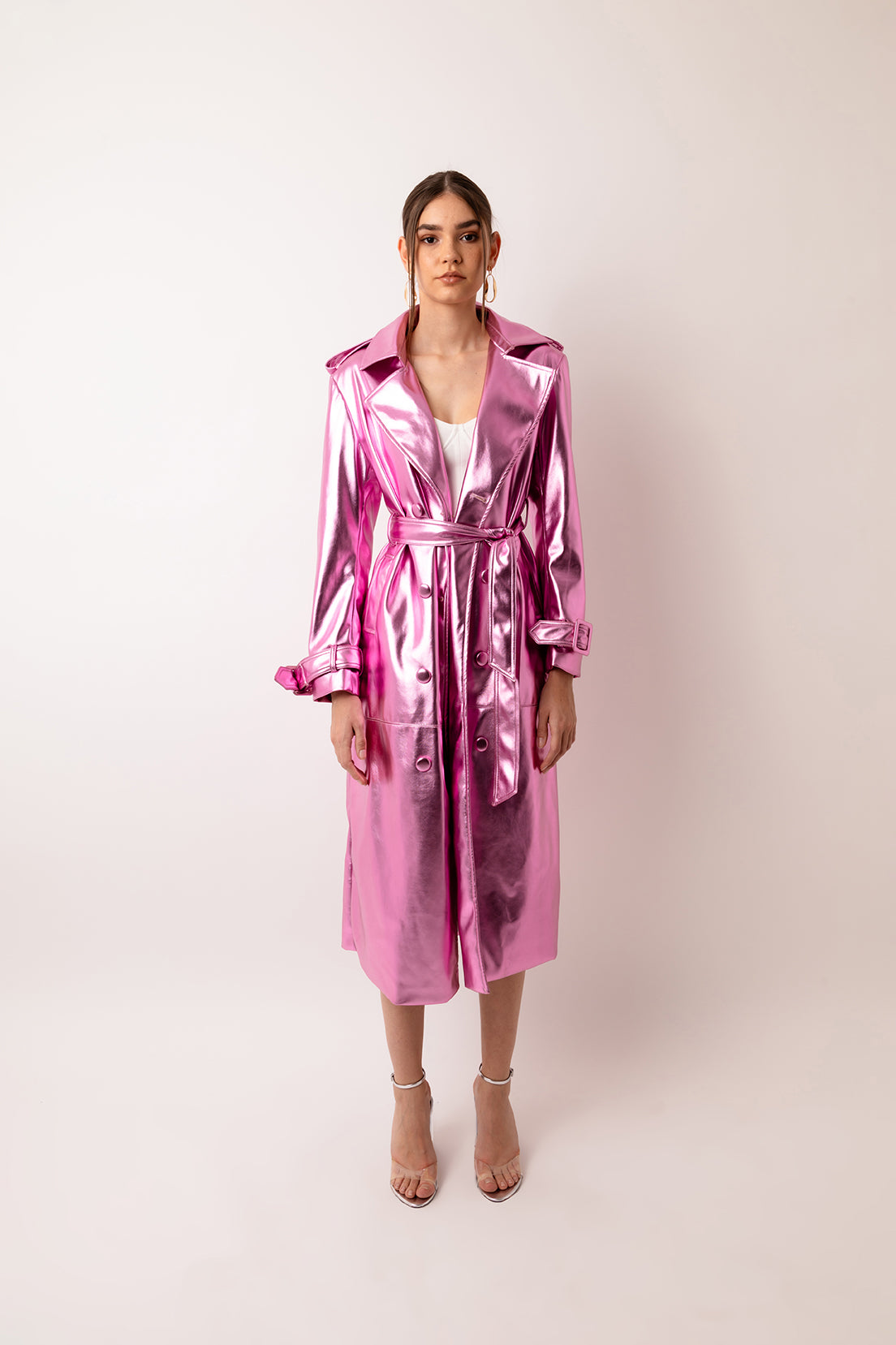 Lupe Rose Pink Metallic Vegan Leather Trench Coat | AmyLynn