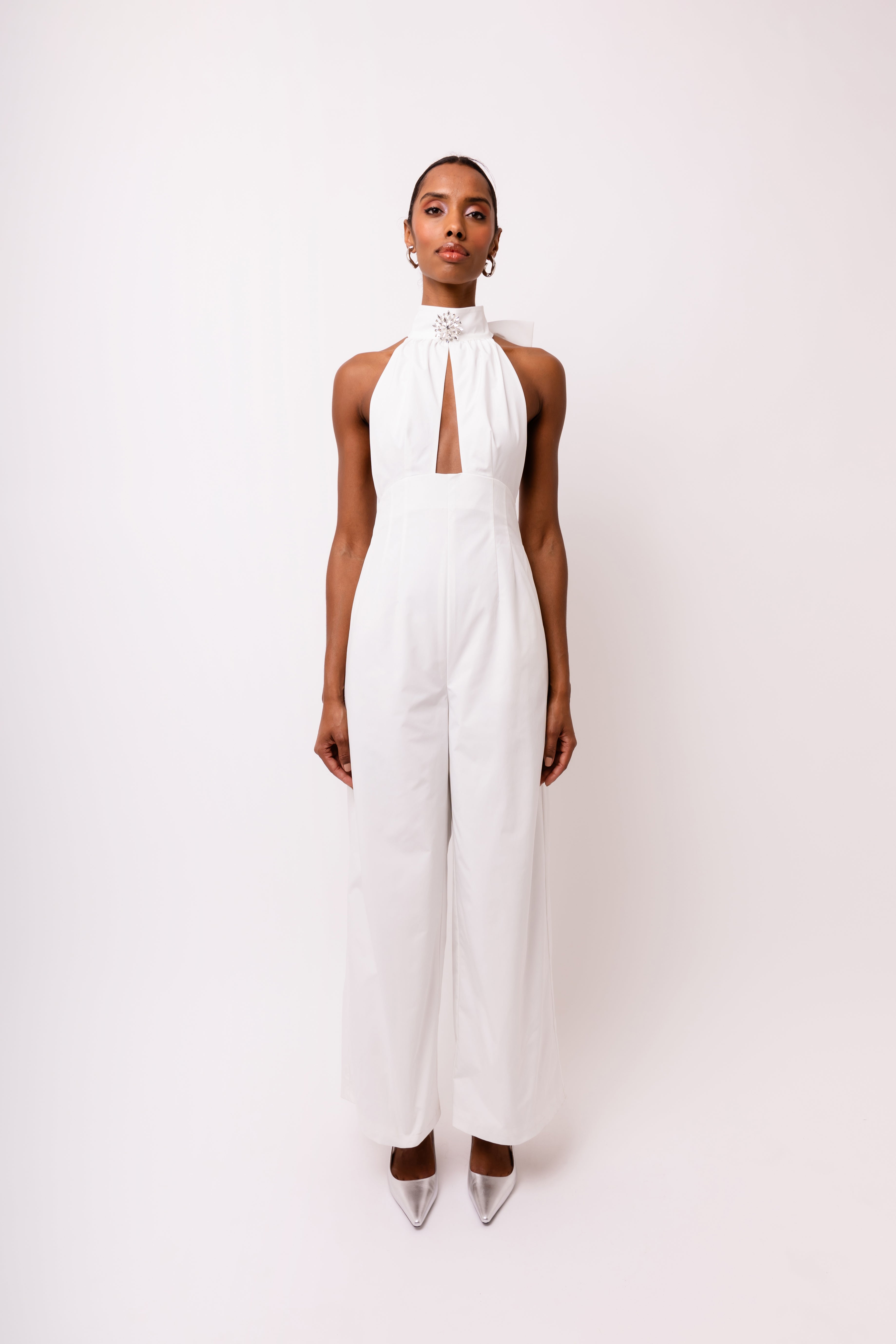 Bowie Rich Cotton White Crystal Embellished High Neck Jumpsuit