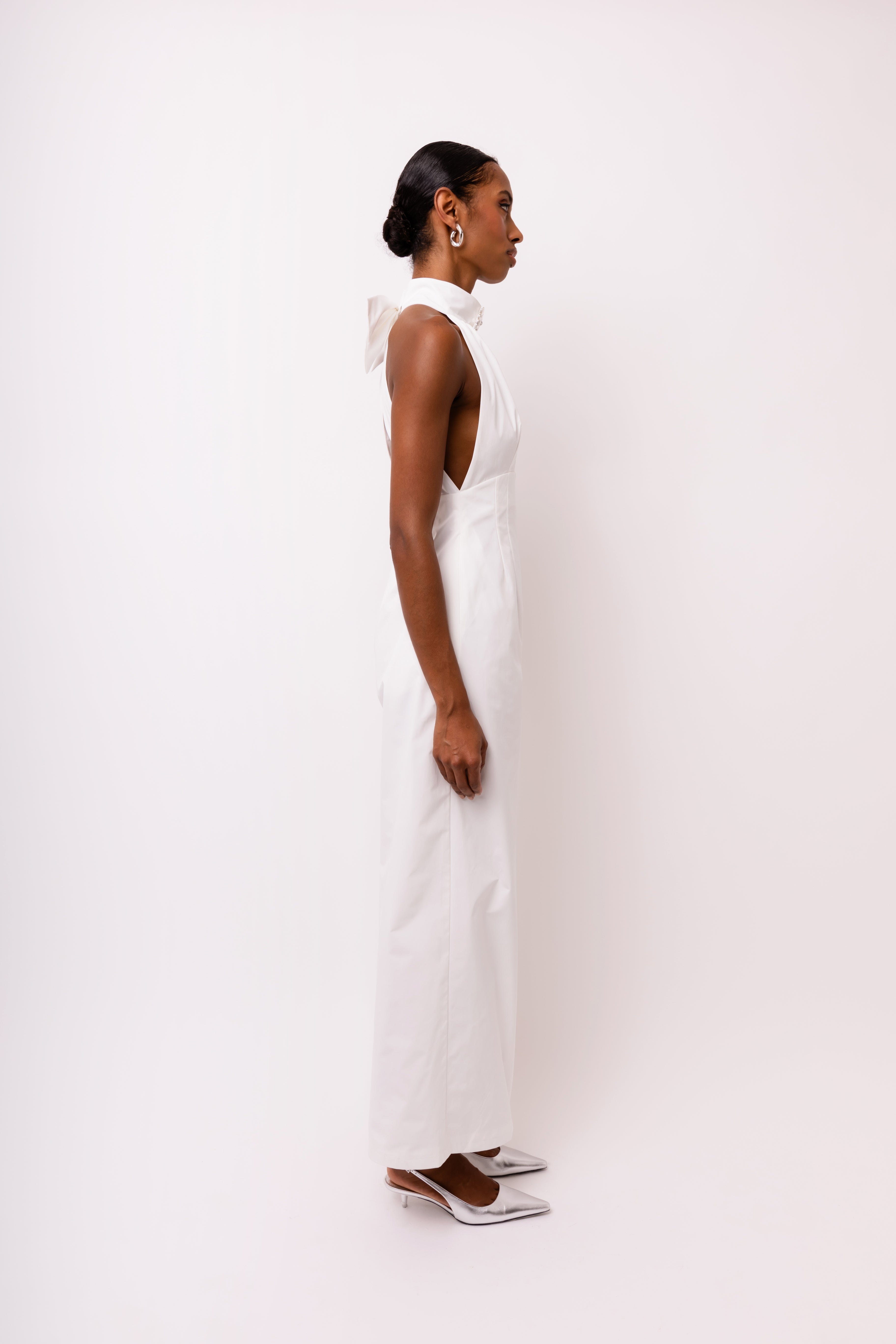 Bowie Rich Cotton White Crystal Embellished High Neck Jumpsuit
