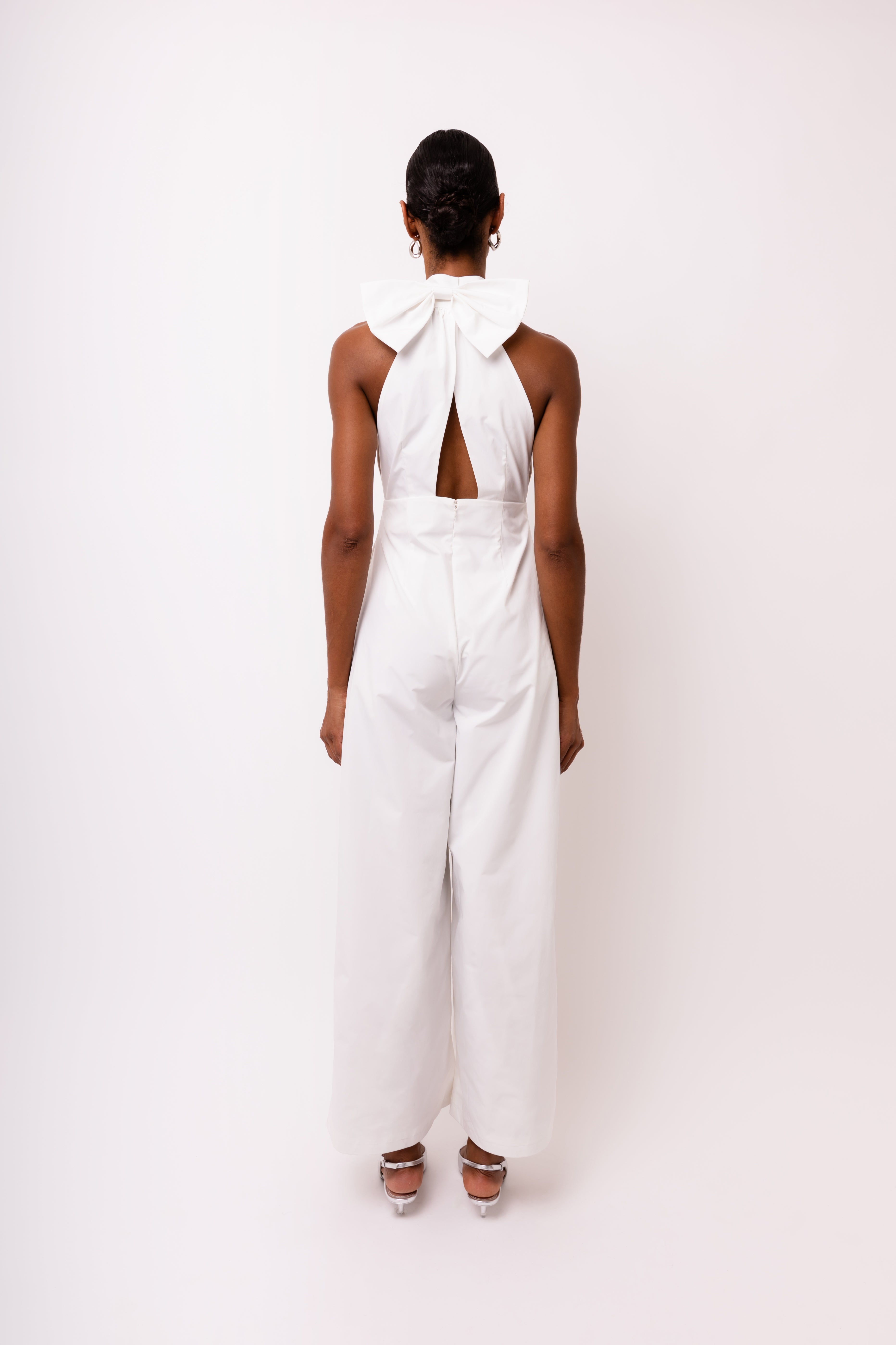 Bowie Rich Cotton White Crystal Embellished High Neck Jumpsuit