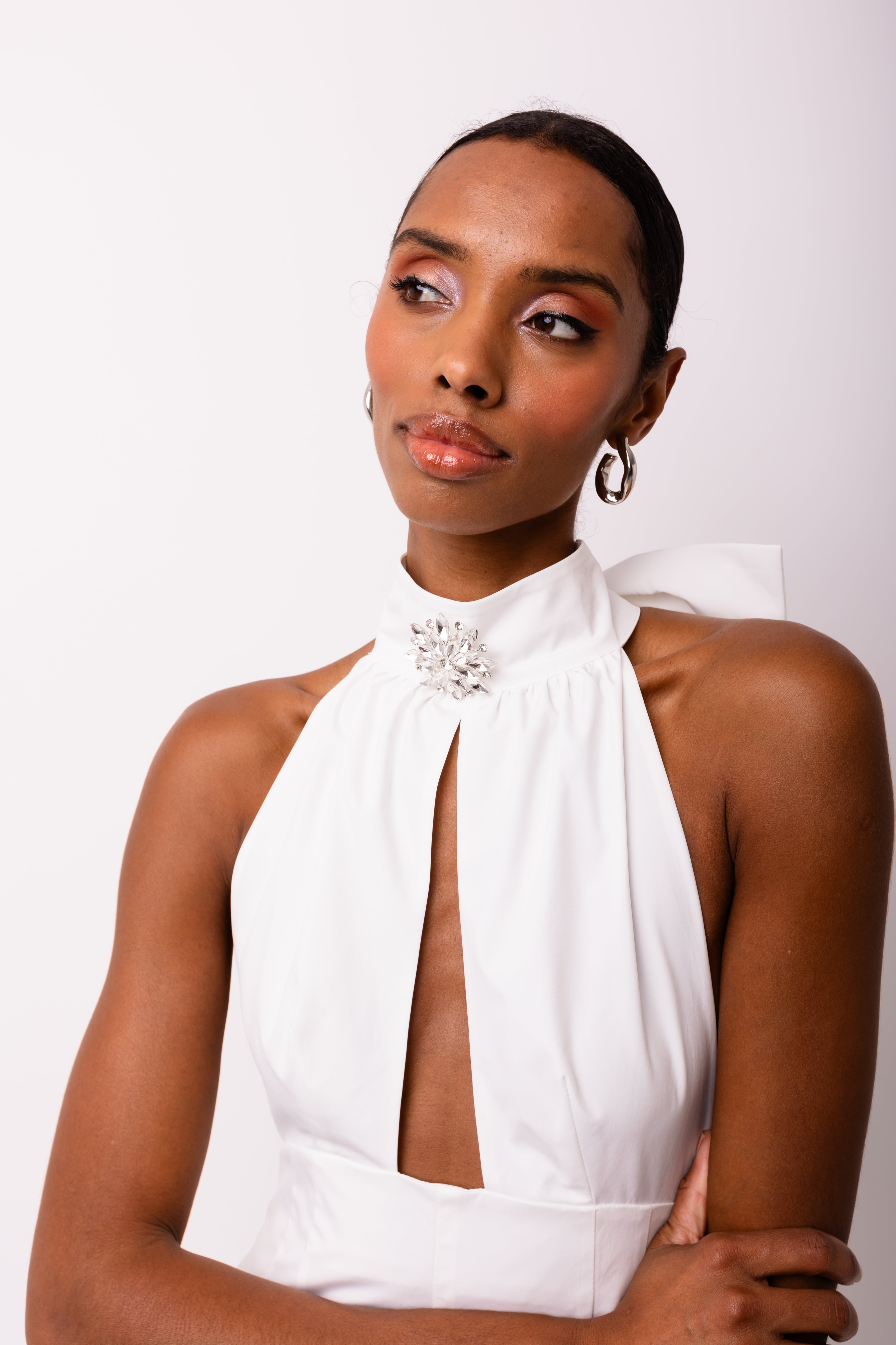 Bowie Rich Cotton White Crystal Embellished High Neck Jumpsuit
