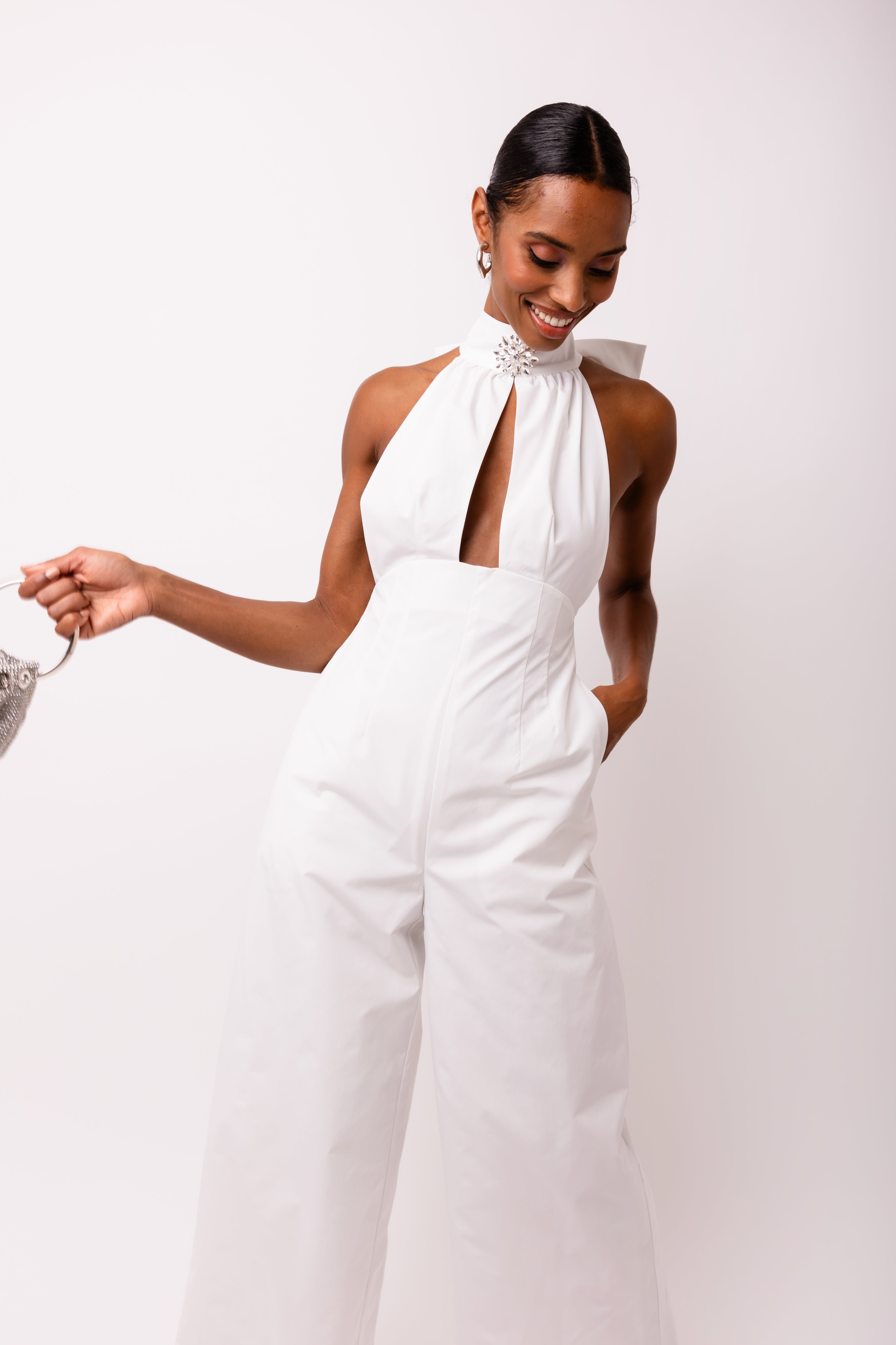 Bowie Rich Cotton White Crystal Embellished High Neck Jumpsuit
