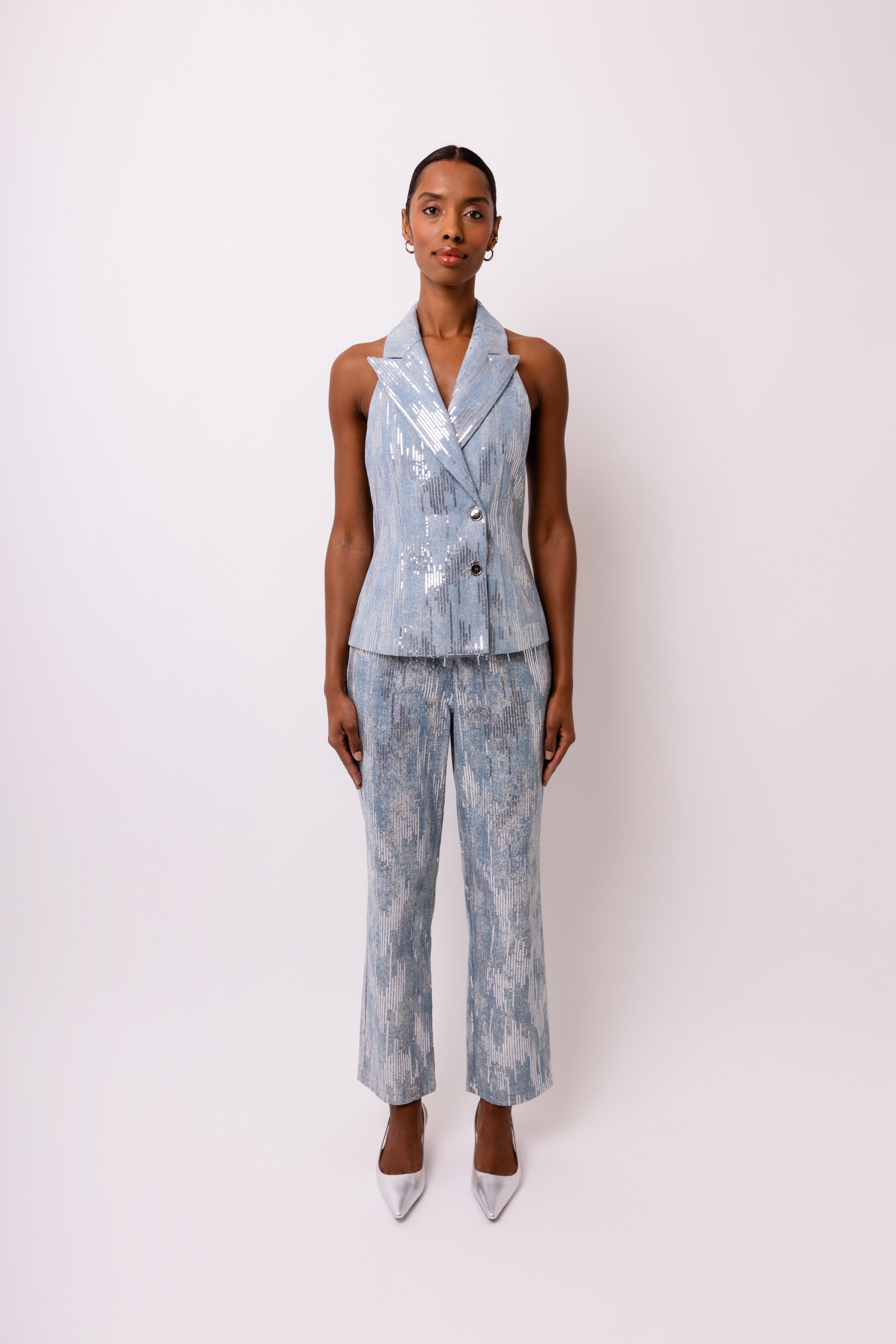 Teddie Blue Denim Embellished Halter-neck Waistcoat | AMYLYNN