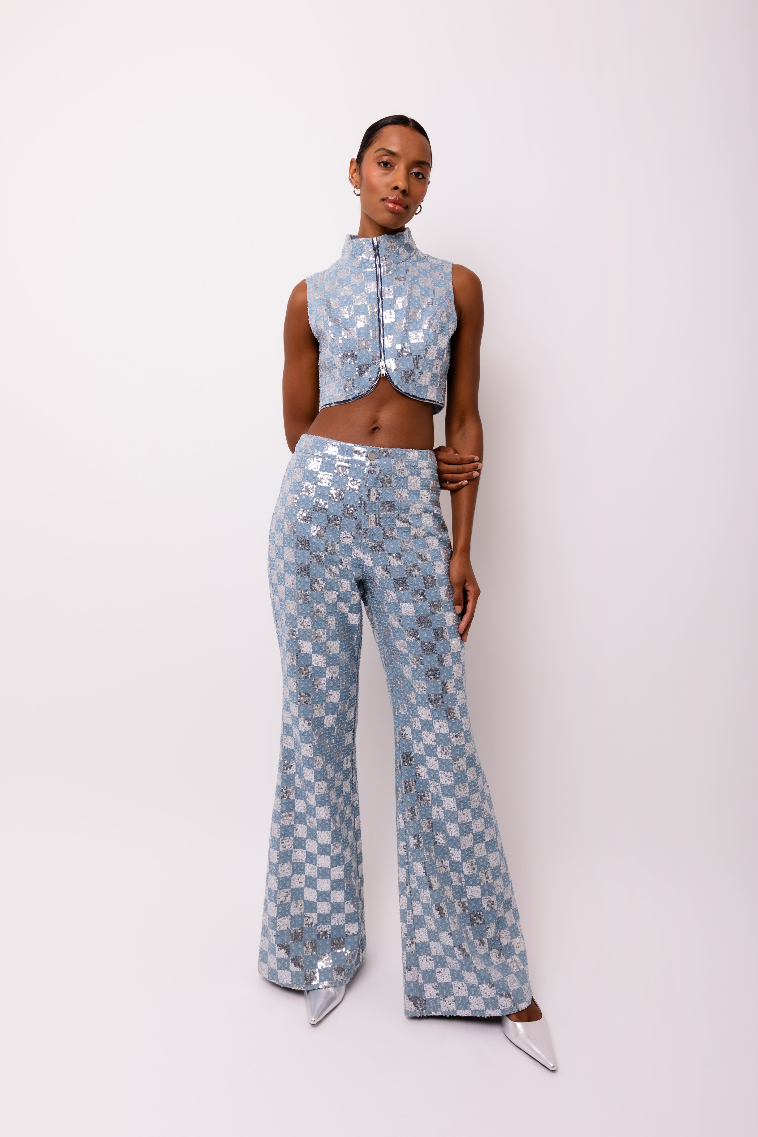 Paloma Sequin-Embellished Flared-Leg High-Rise Denim Trousers | AMYLYNN