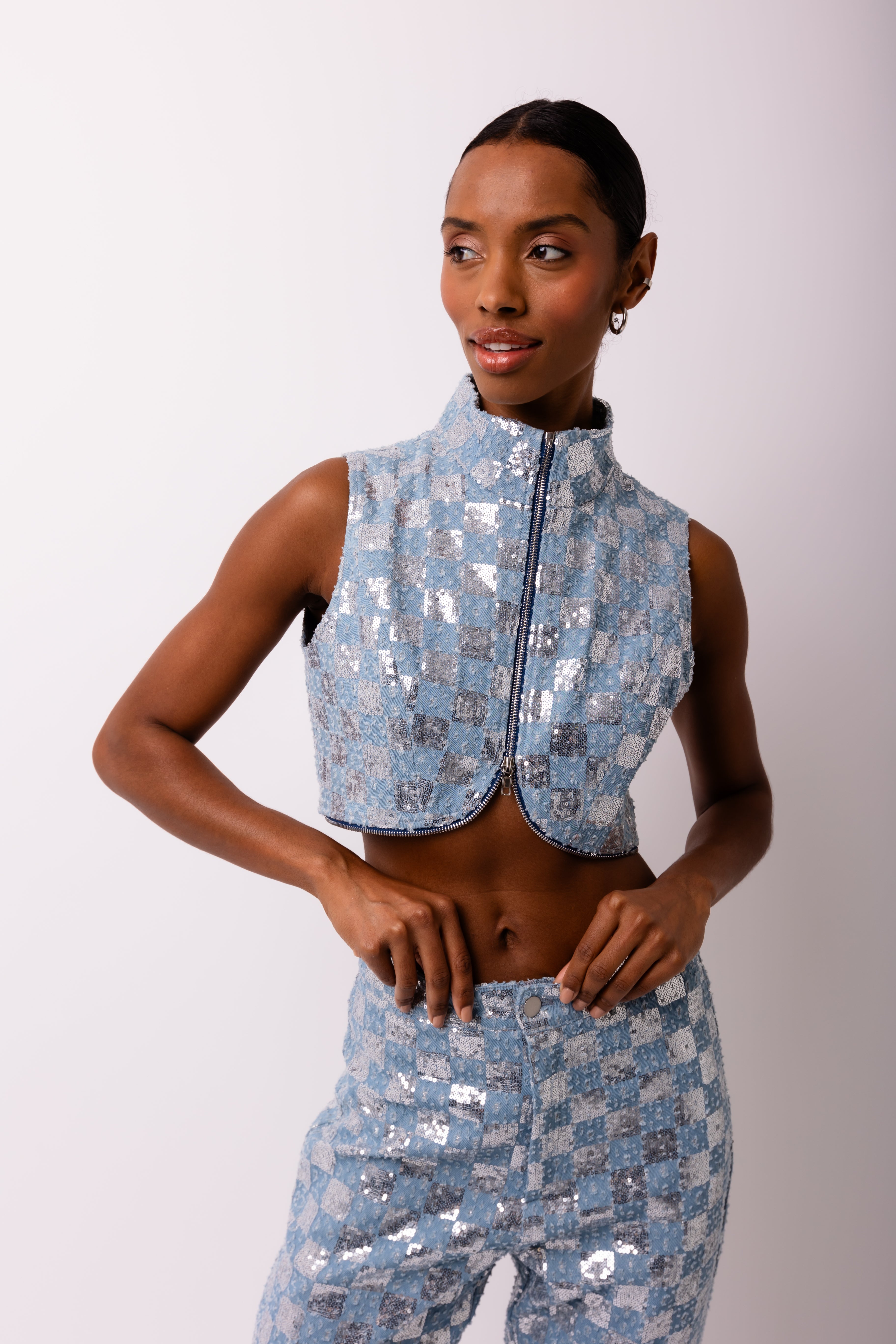 Paloma Sequin-Embellished Denim Cropped Gilet | AMYLYNN