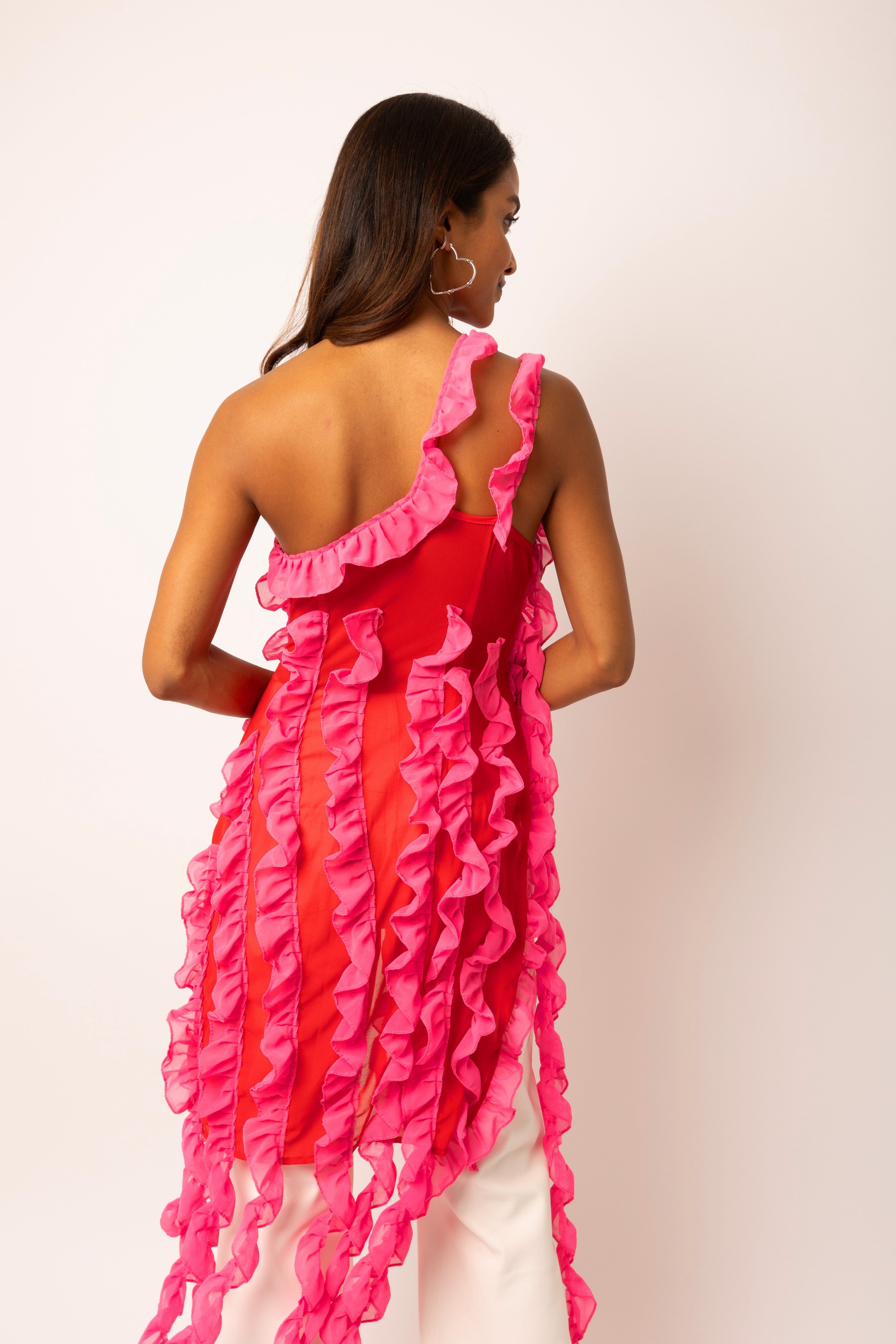 Suki Pink Ruffle Frill Chiffon Top