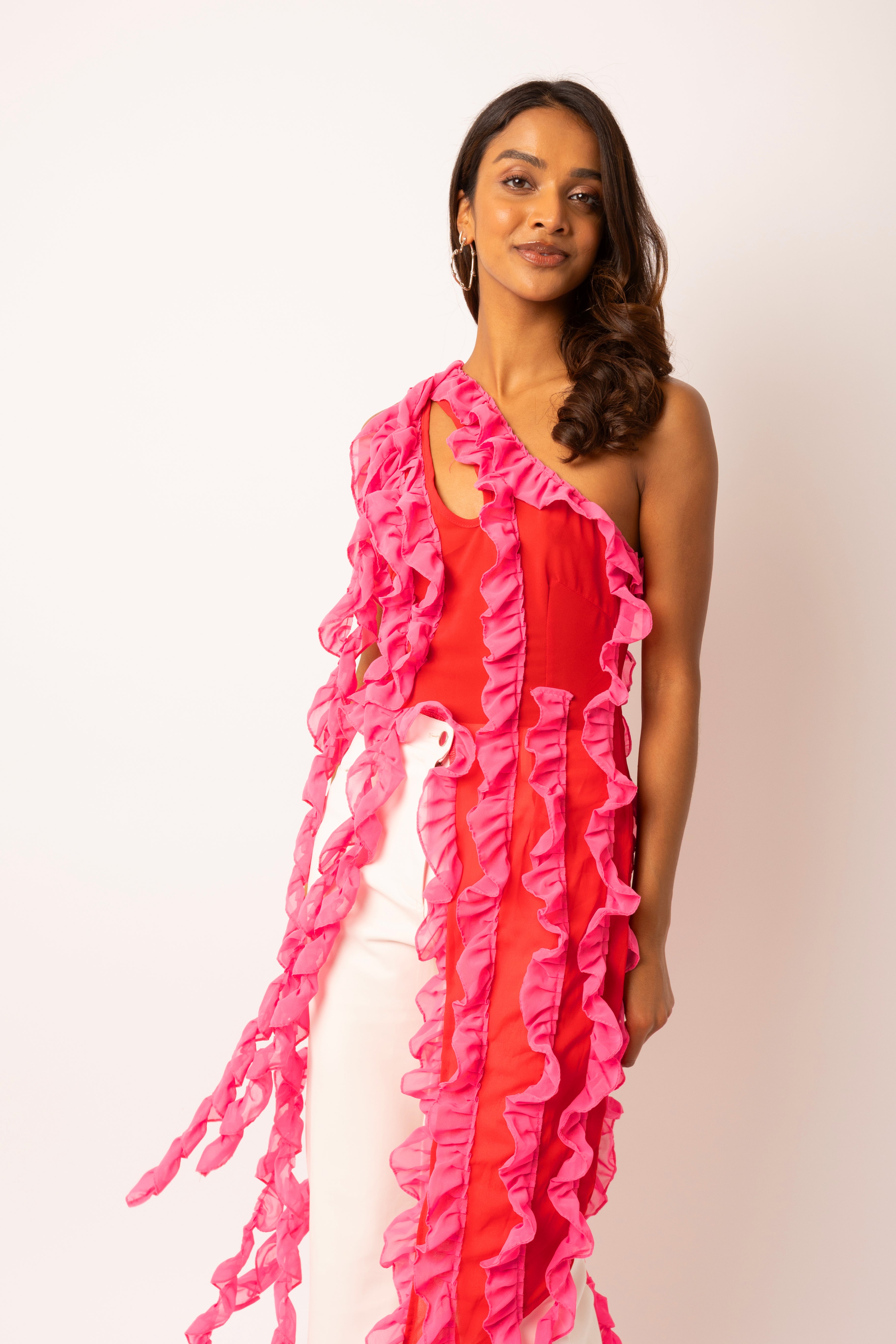 Suki Pink Ruffle Frill Chiffon Top