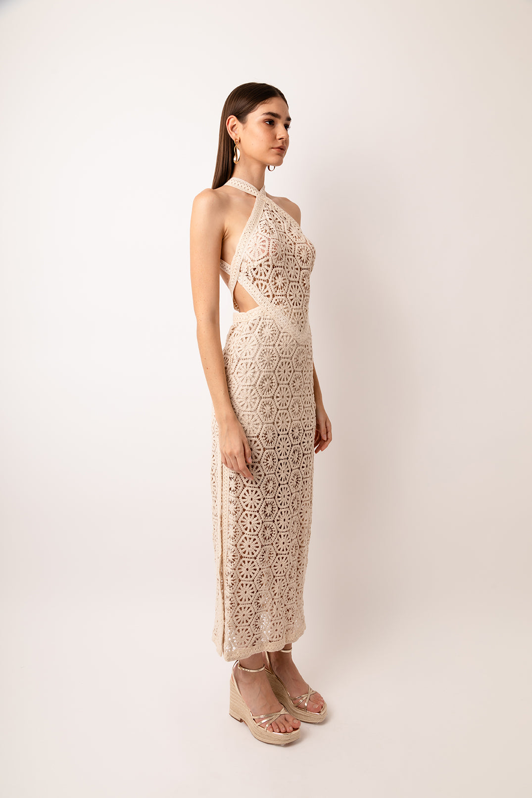 Tuscany Beige Crochet Halter Maxi Dress