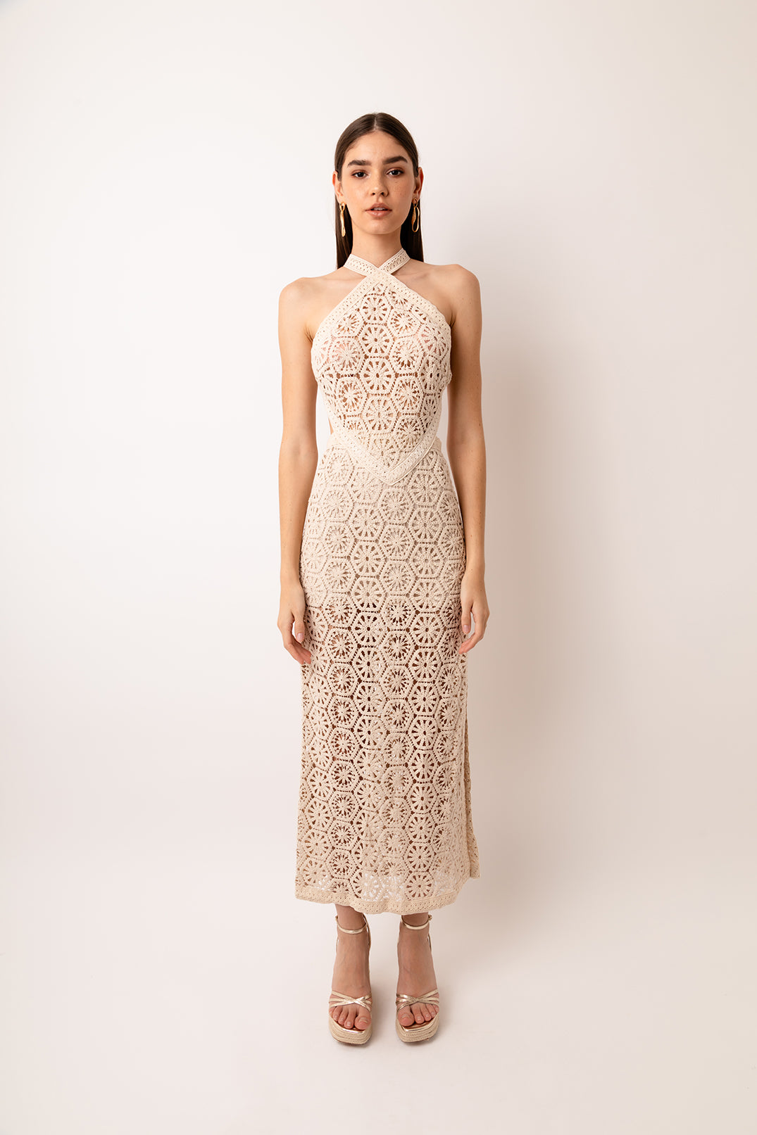 Tuscany Beige Crochet Lace Maxi Dress