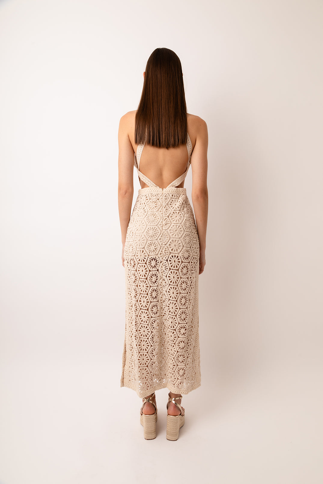 Tuscany Beige Crochet Halter Maxi Dress