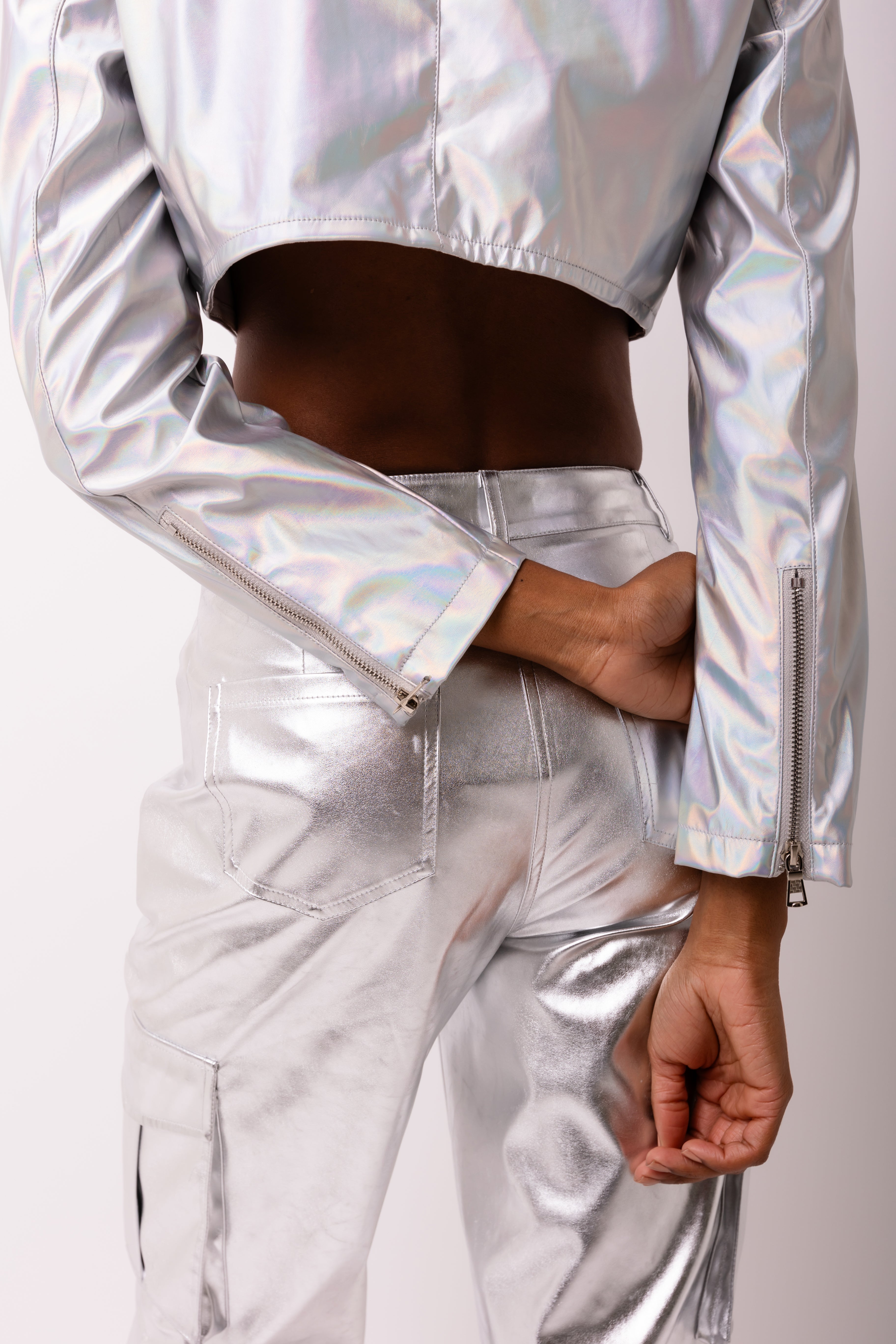 Space Holographic Zip Up Crop Jacket in Vegan Leather | AMYLYNN