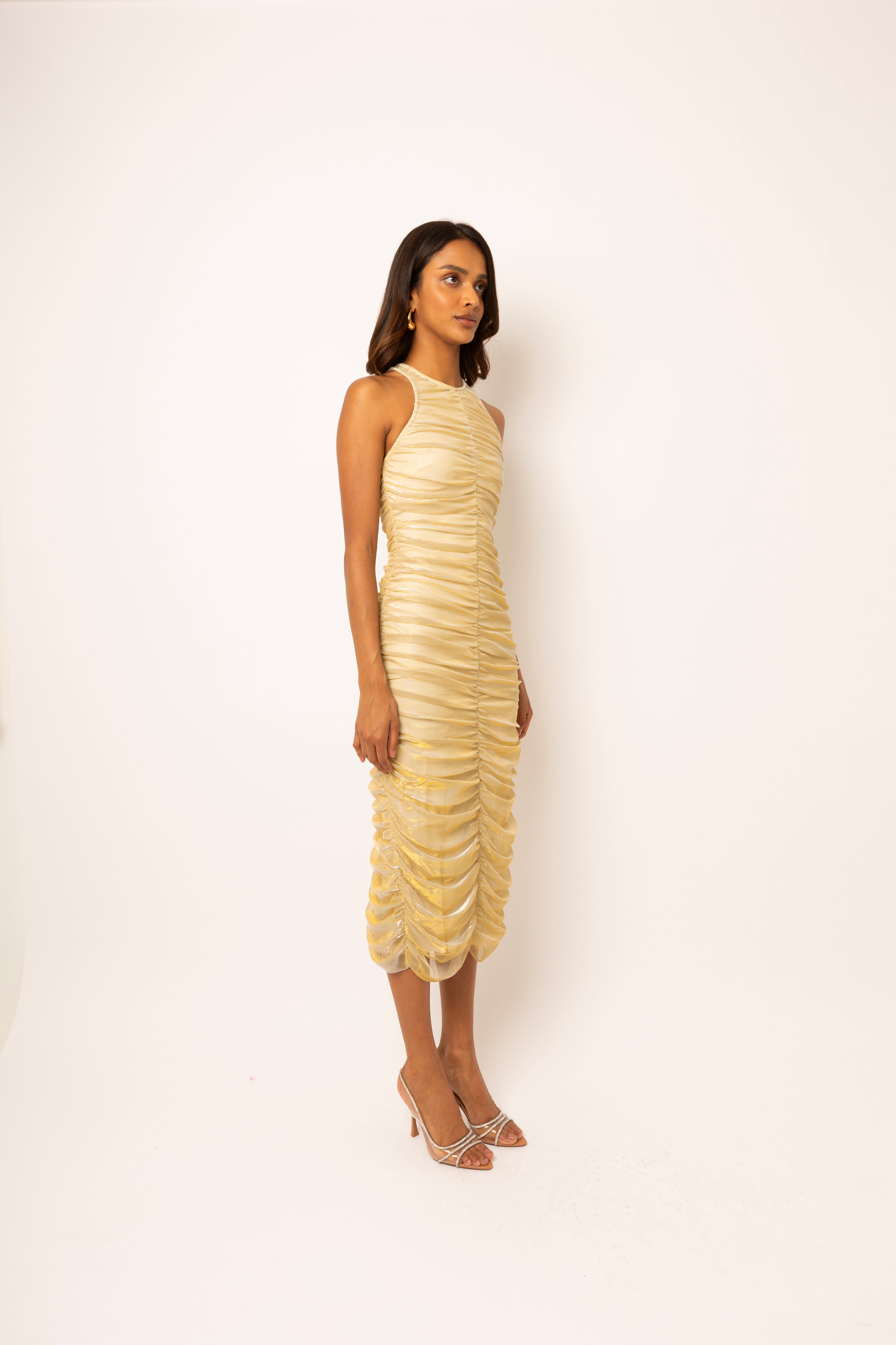 Lottie Gold Ruche Midi Dress
