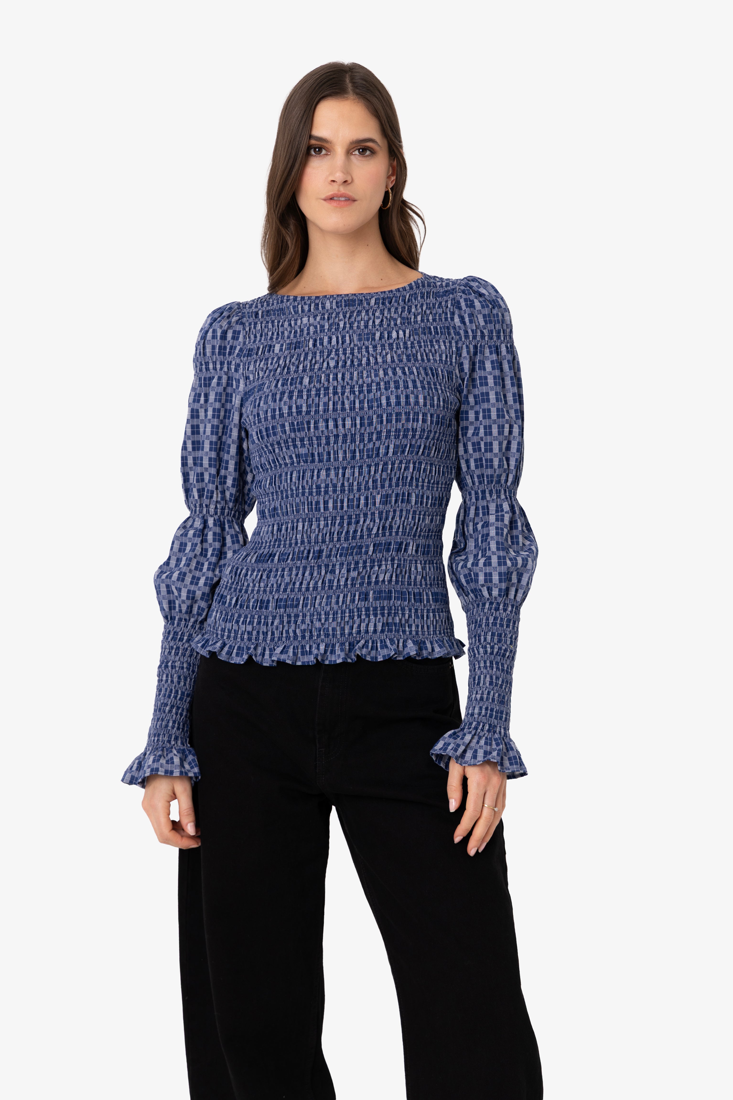 Iris Indigo Checkerboard Cotton Smocked Sleeve Top