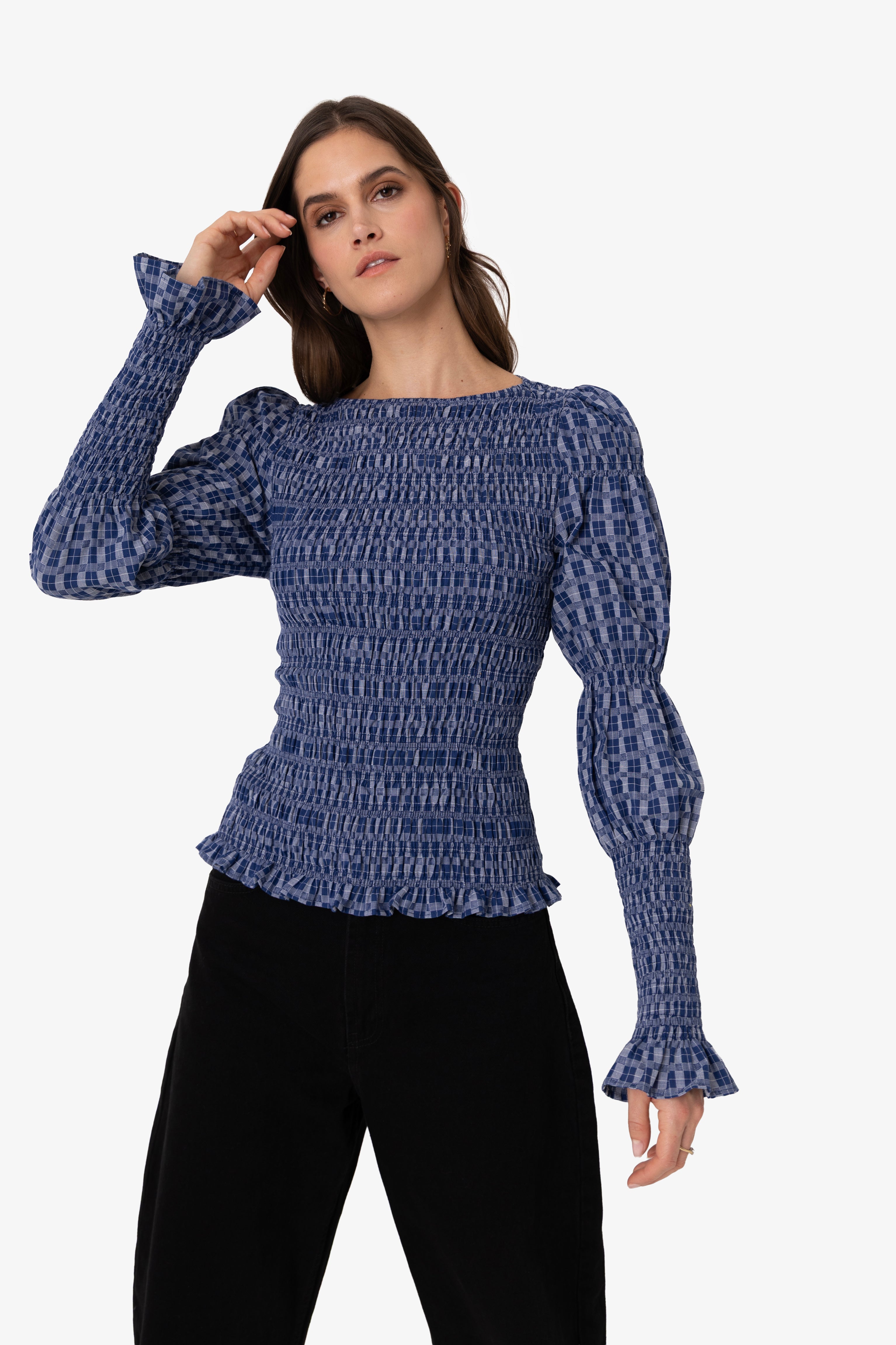Iris Indigo Checkerboard Cotton Smocked Sleeve Top