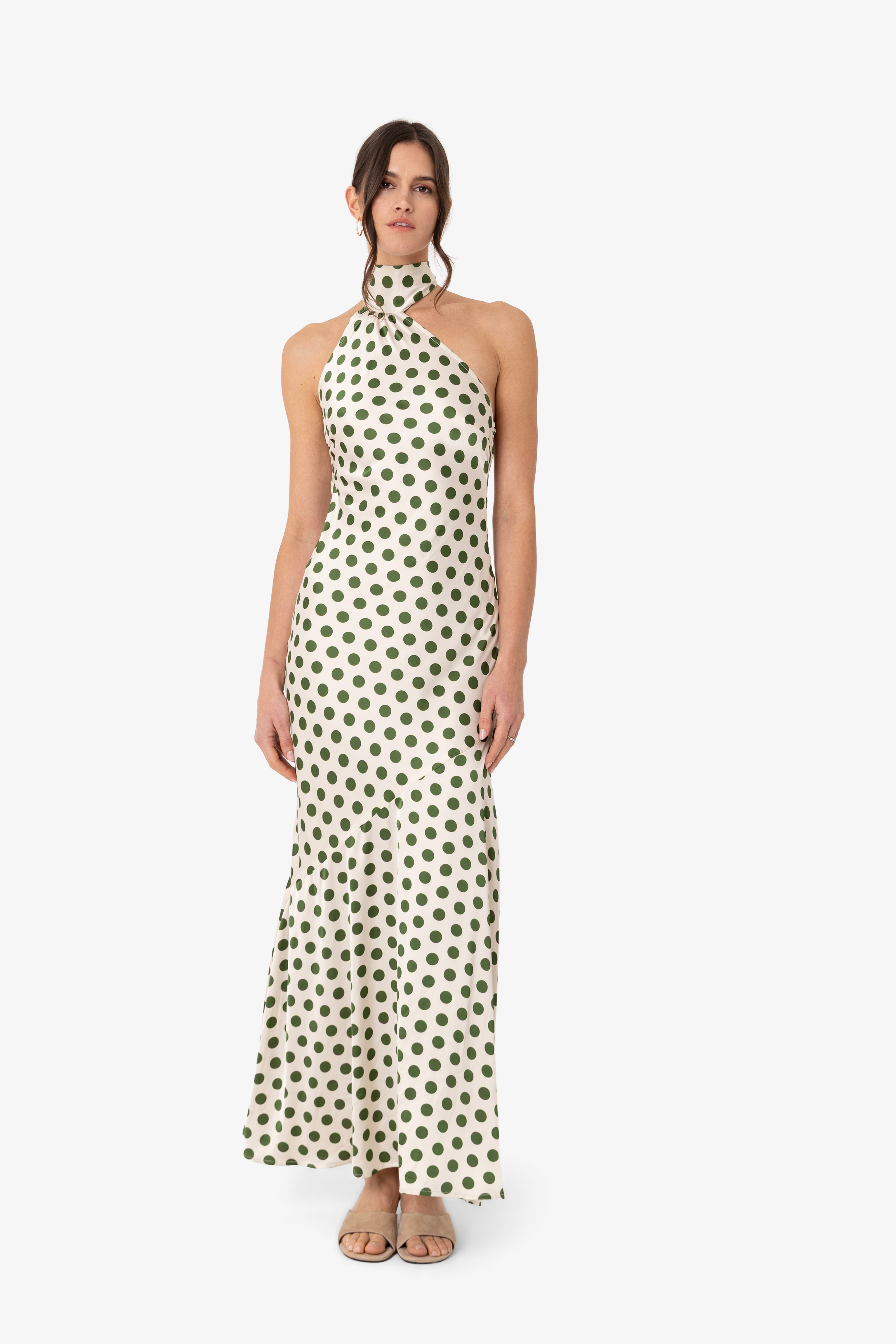Baia Green Polka Dot Satin Halter Dress