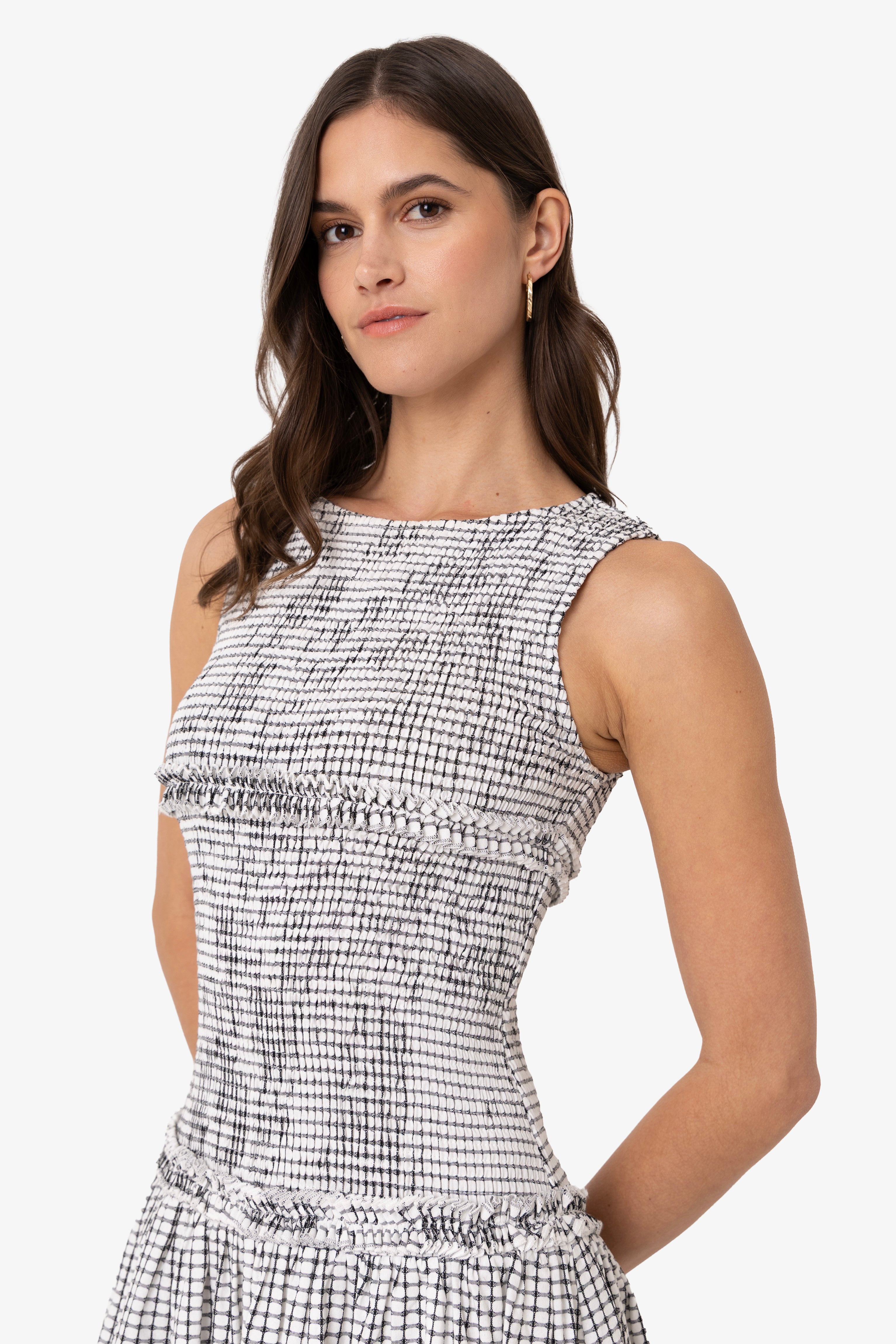 Posey Mono Gingham Cotton Smocked Midi Dress