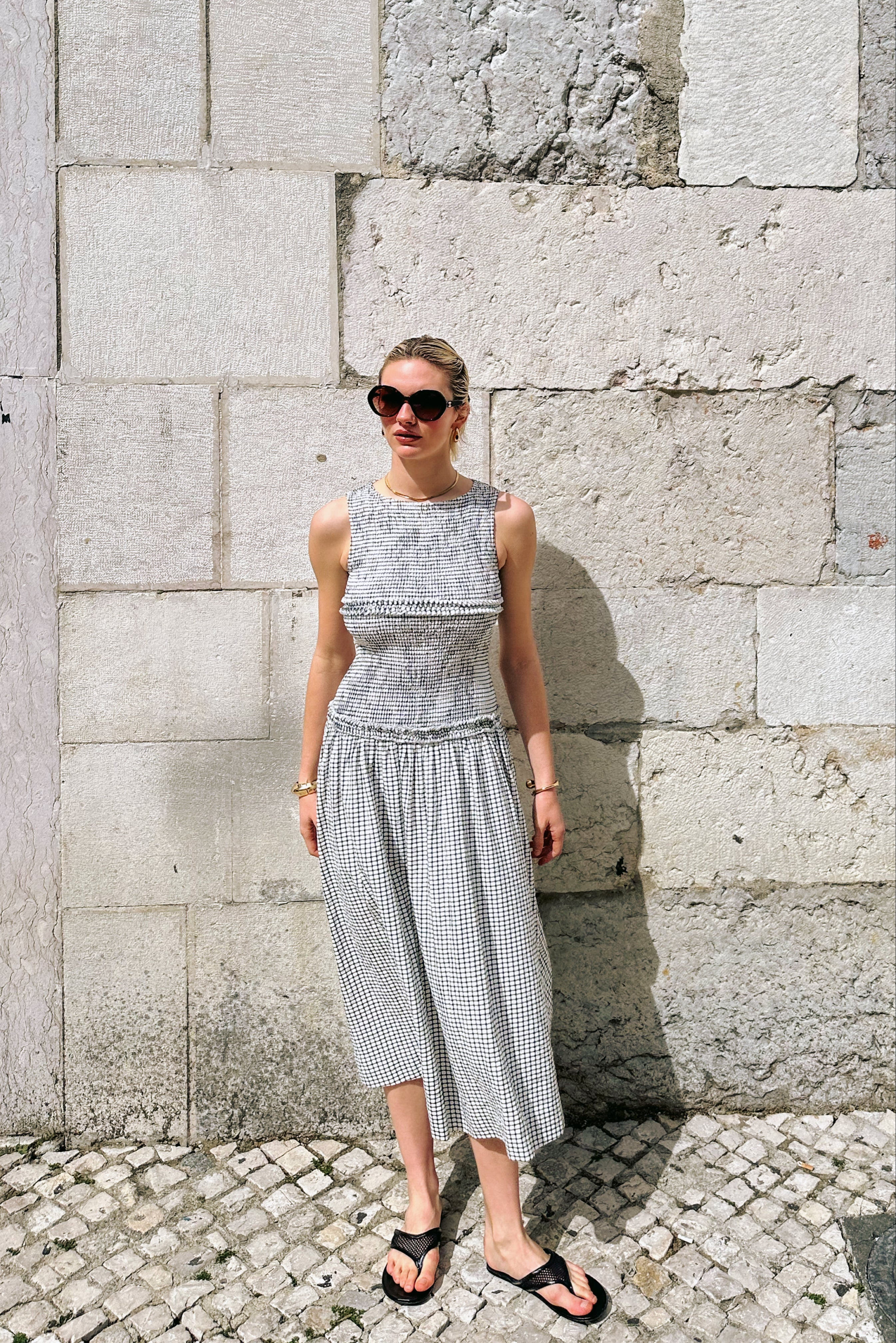 Posey Mono Gingham Cotton Smocked Midi Dress