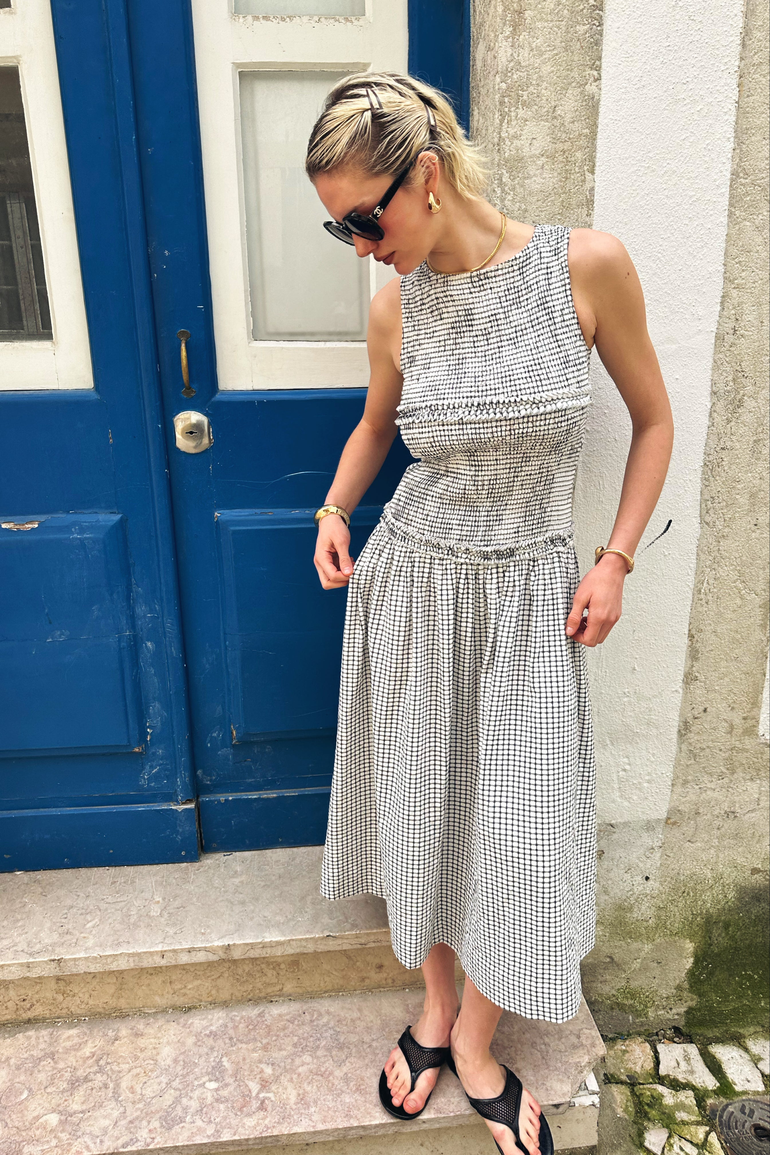 Posey Mono Gingham Smocked Midi Dress