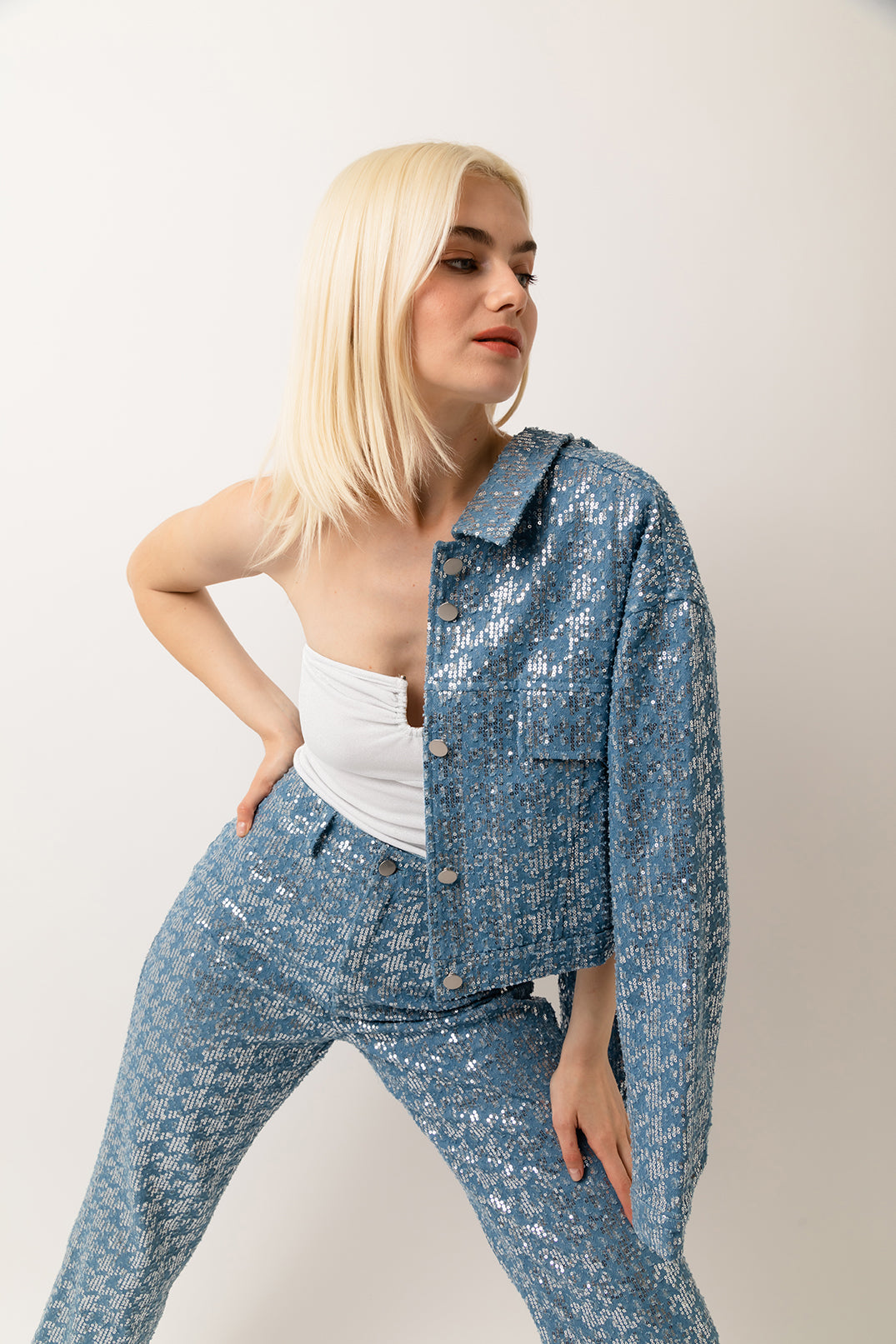 Bambi Denim Lightwash Embellished Sequin Jacket | AmyLynn