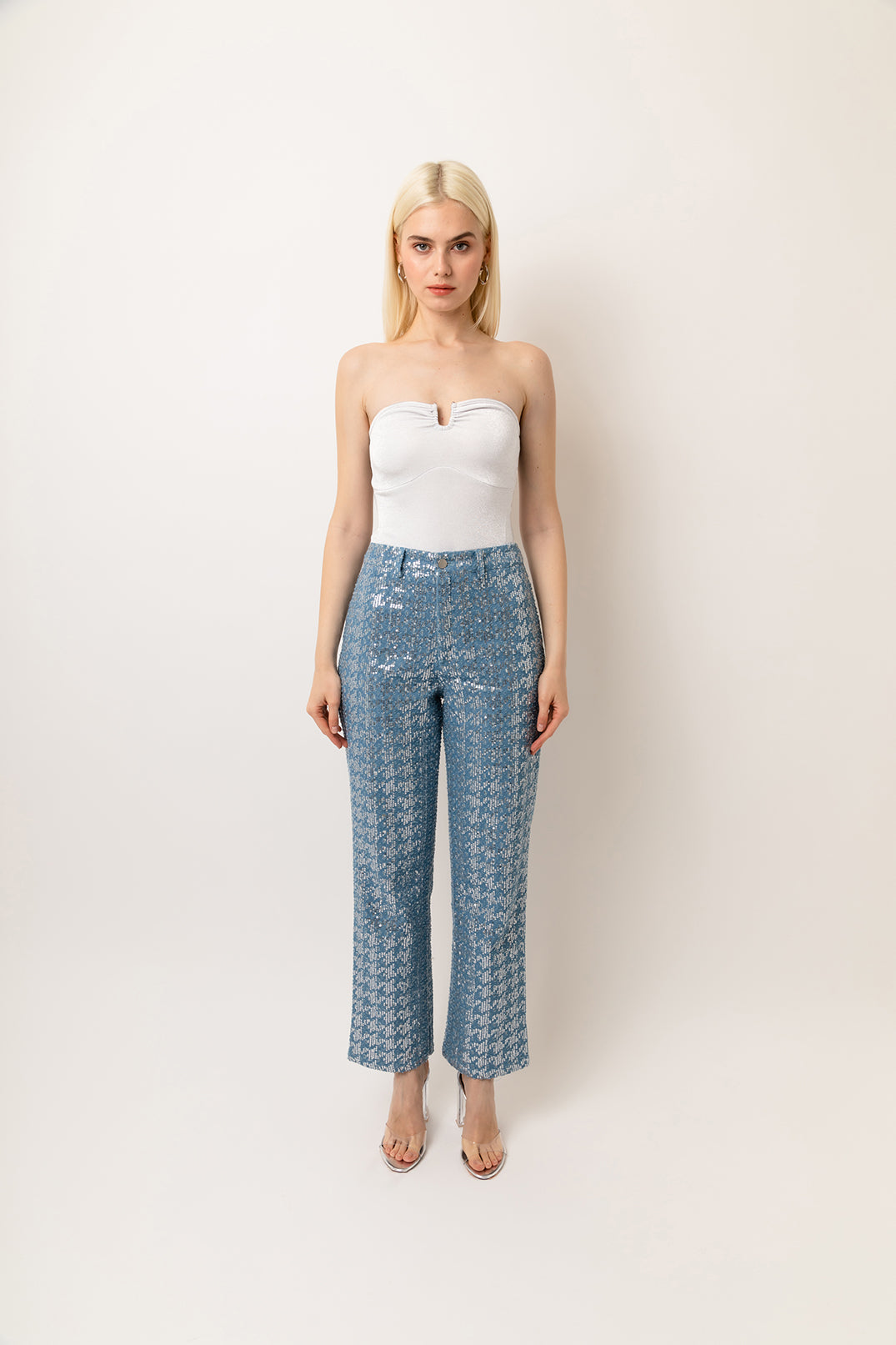 Bambi Denim Light Wash Straight Leg Embellished Sequin Trousers | AmyLynn