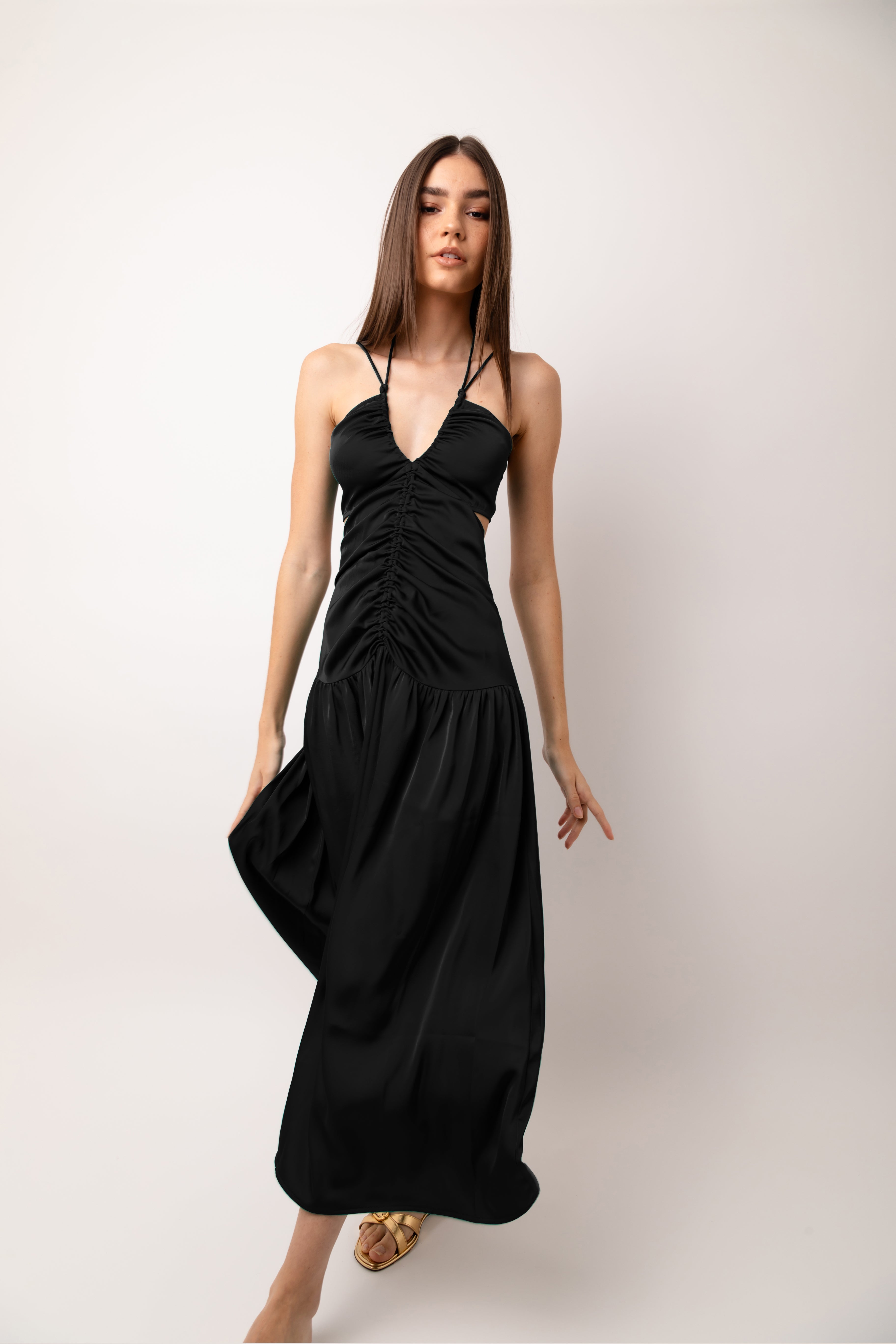 Freya Black Satin Ruched Midi Dress