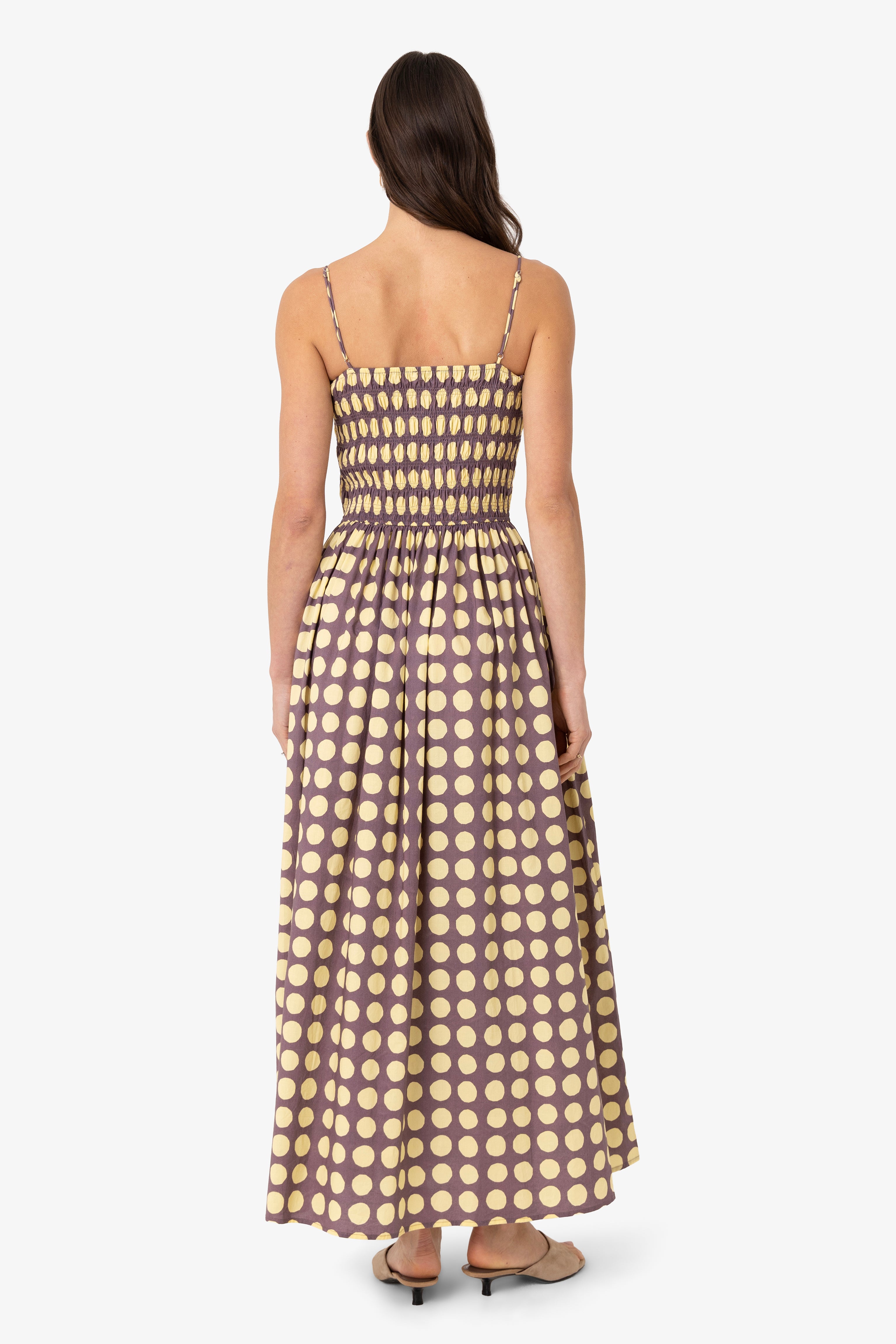 Darcy Yellow and Aubergine Contrast Polka dot Smocked Midi Dress
