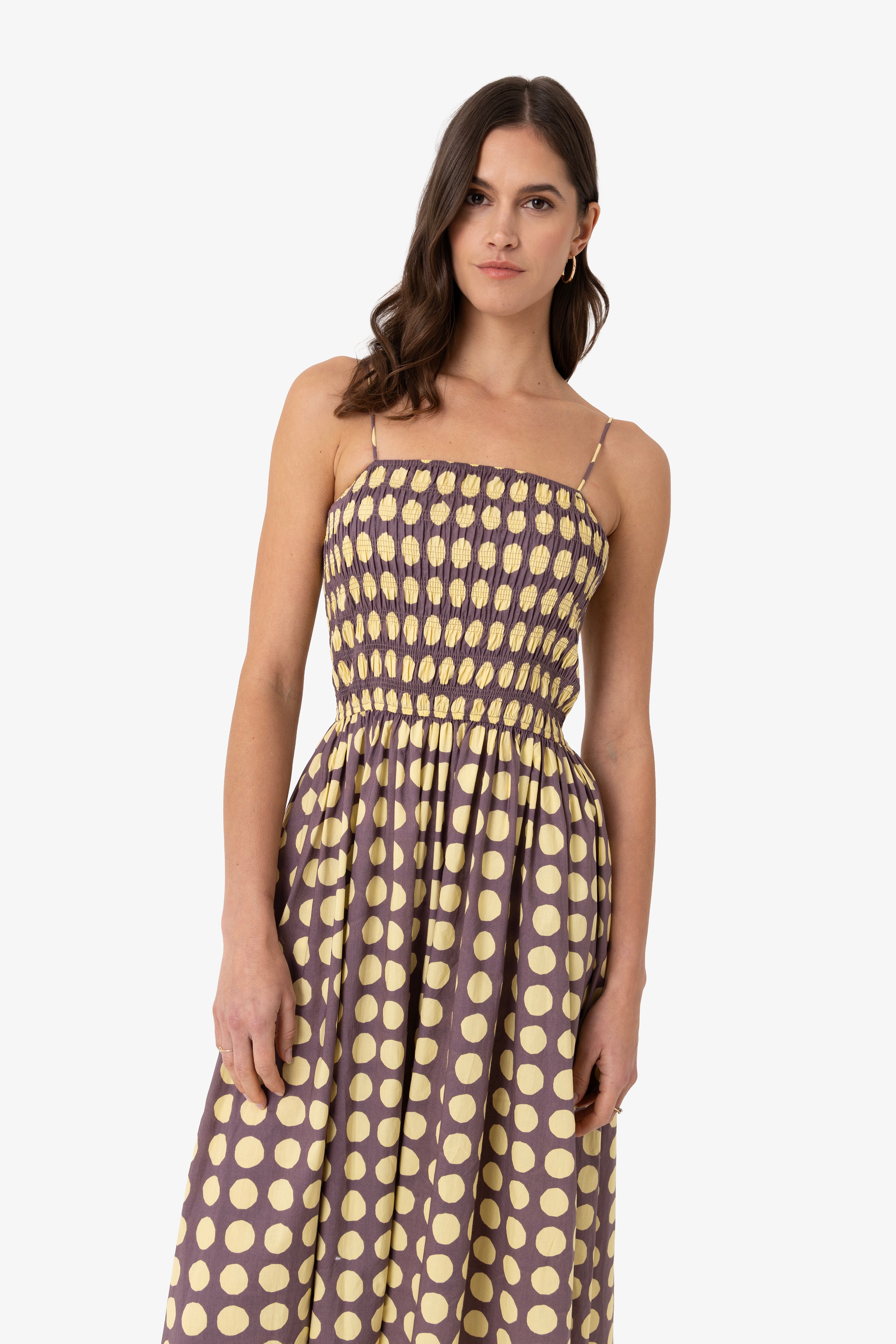 Darcy Yellow and Aubergine Contrast Polka dot Smocked Midi Dress
