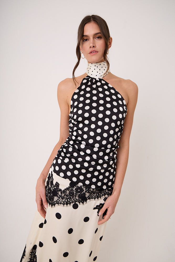 Sophie Contrast Mono Polka Dot Scarf Neck Top