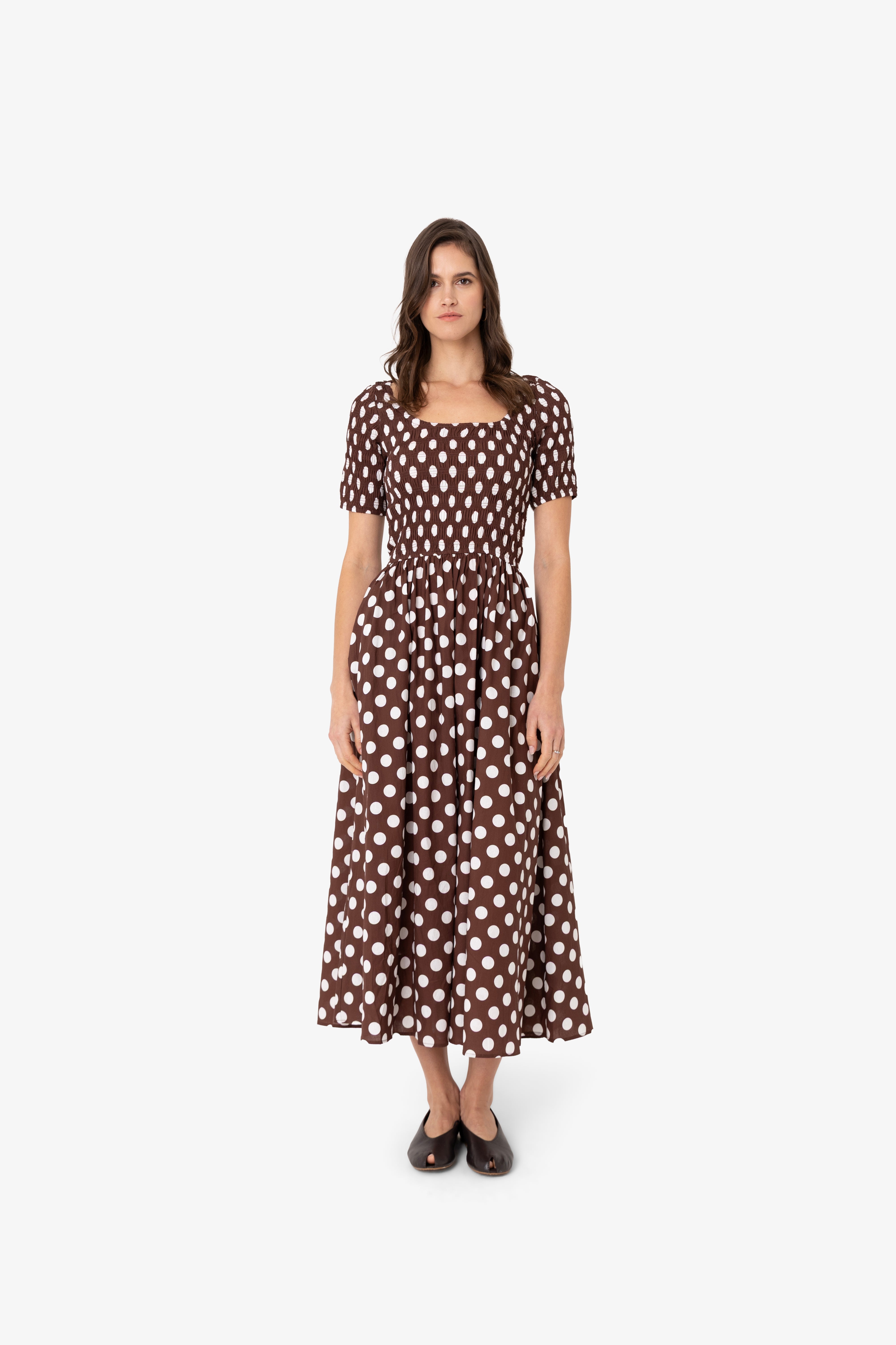 Matilda Pure Cotton Brown Polka Dot Midi Dress