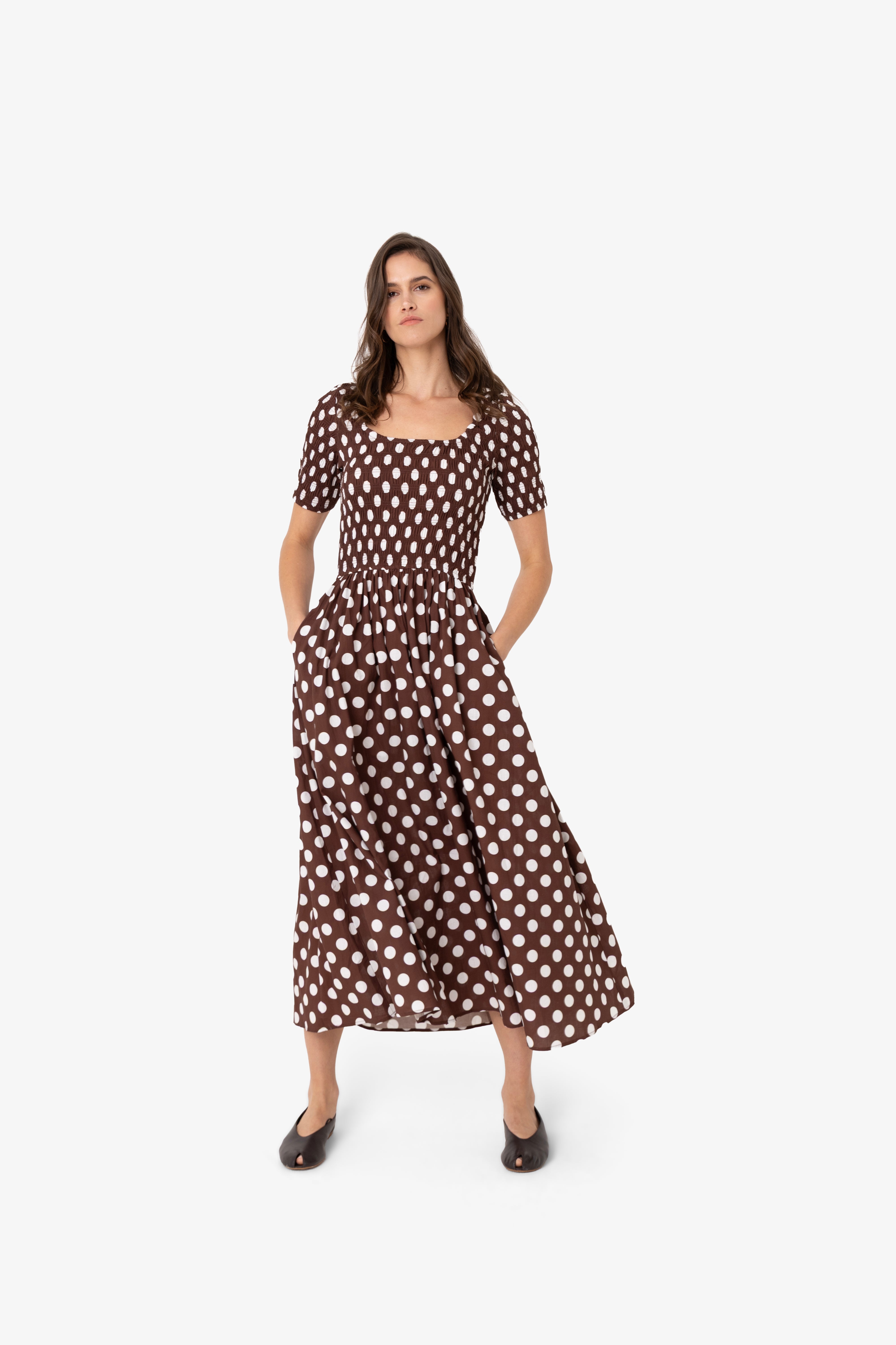 Matilda Pure Cotton Brown Polka Dot Midi Dress