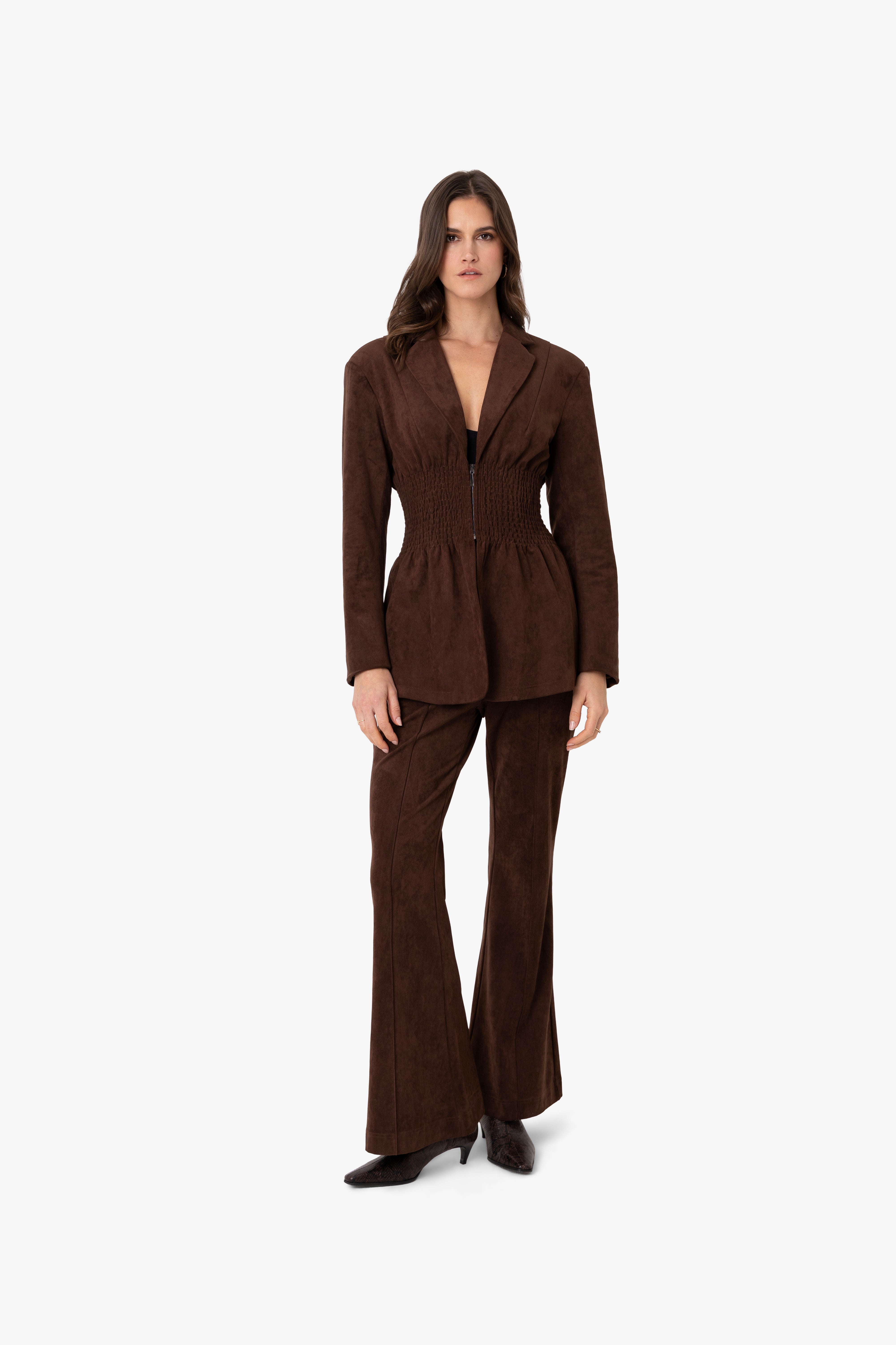 Rina Faux Suede Boxy Blazer Jacket with Smocked Waist