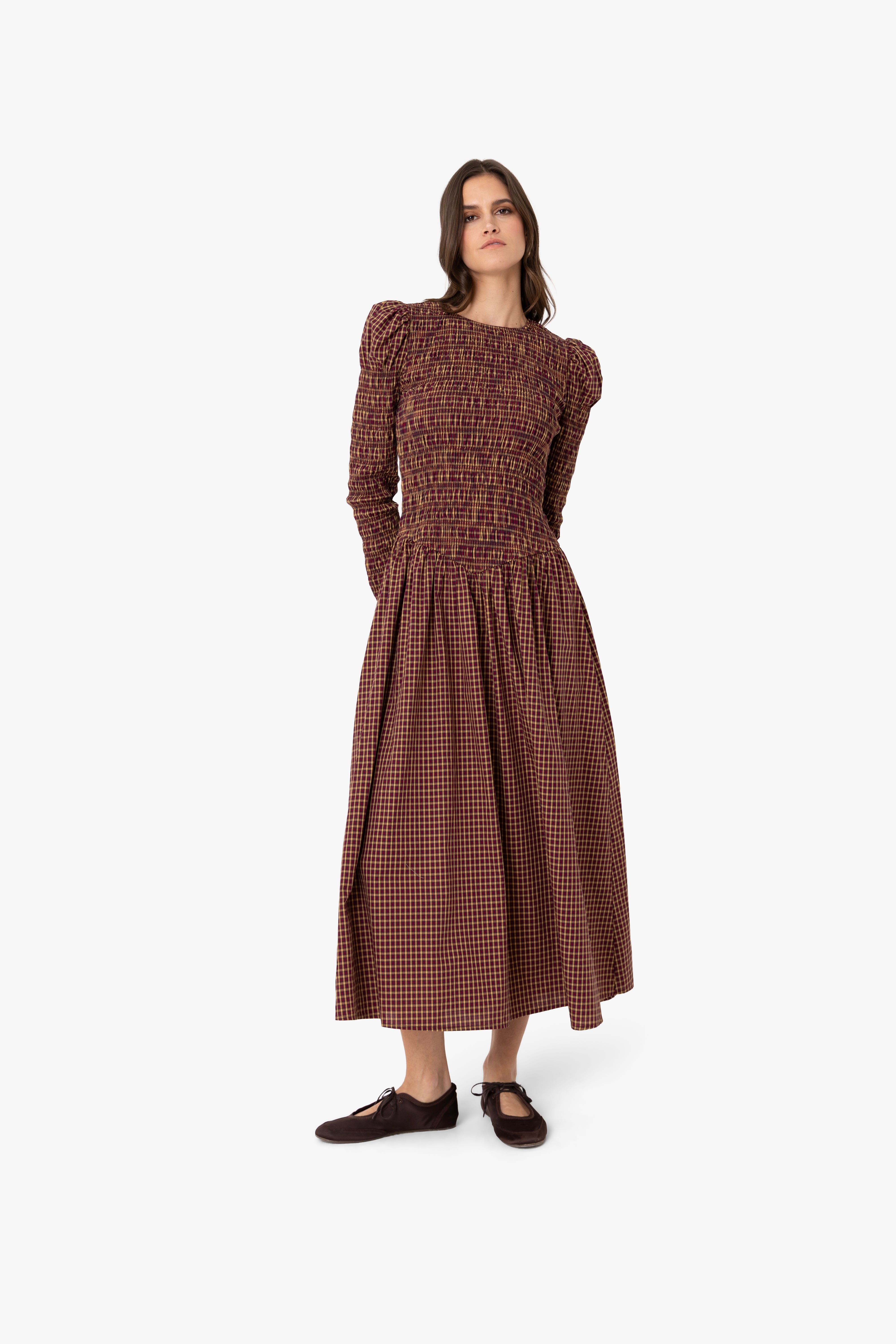 Cara Smocked Cotton Midiaxi Dress in Multi Gingham Check