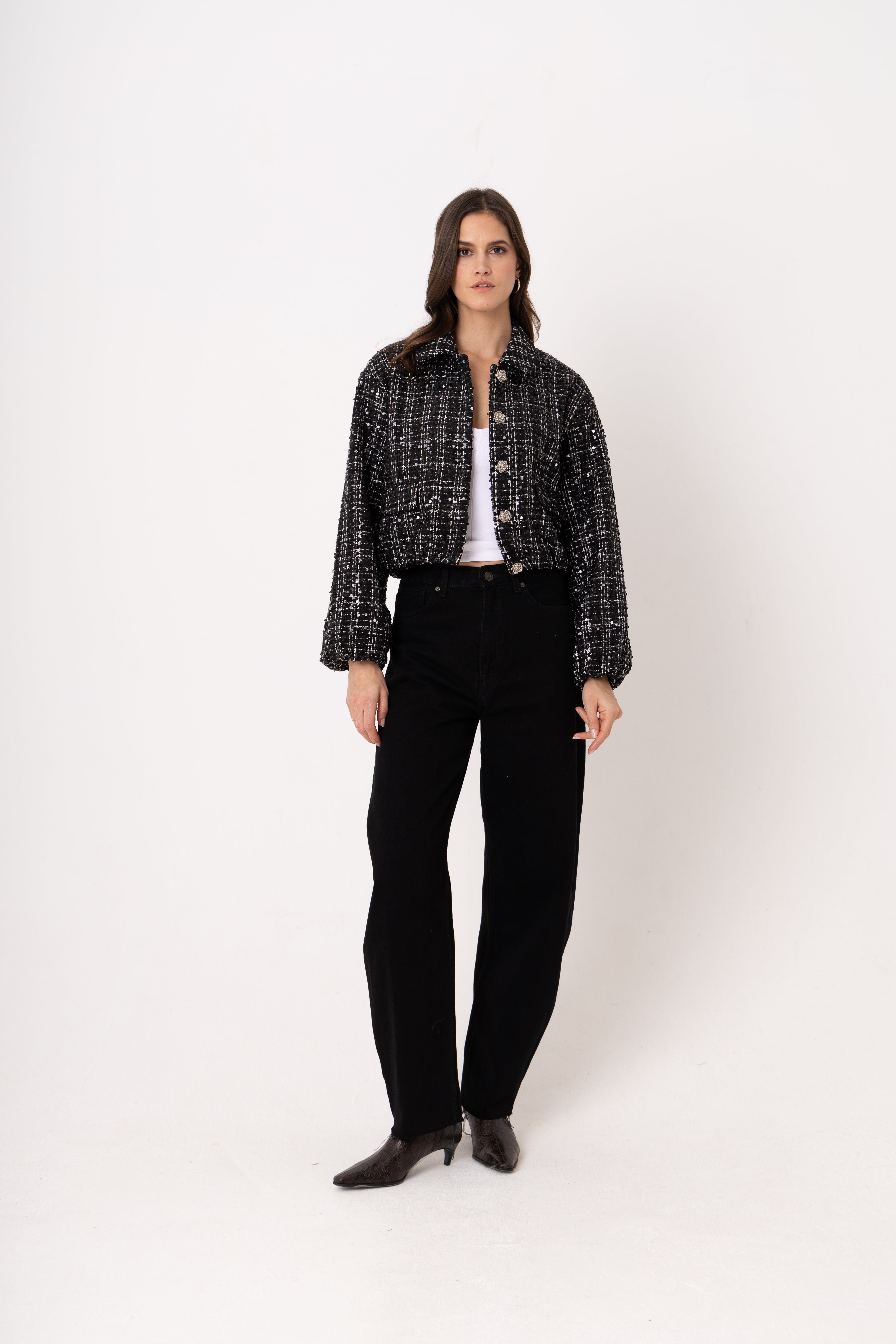 Marnie Black Sequin Boucle Cropped Jacket