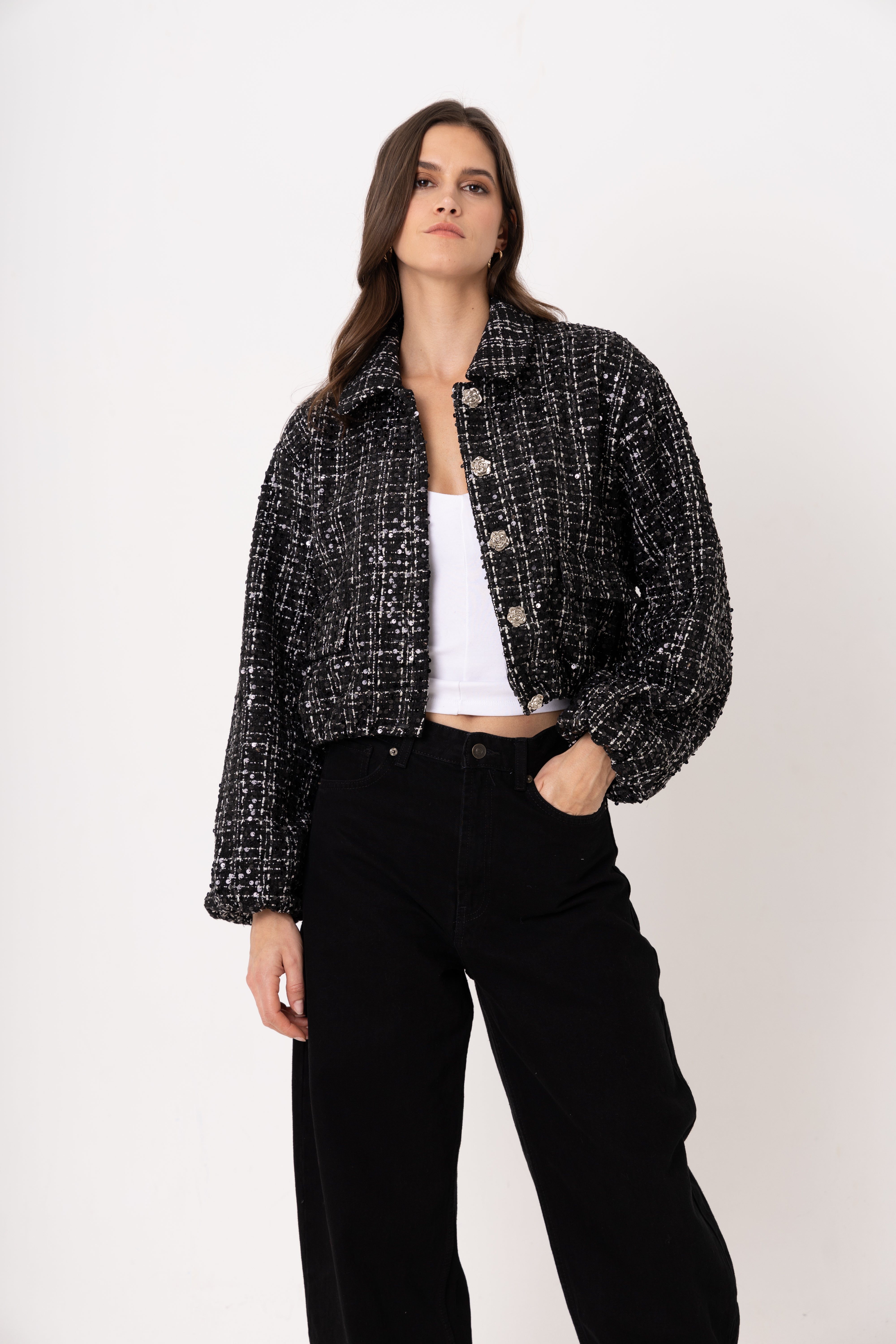 Marnie Black Sequin Boucle Cropped Jacket