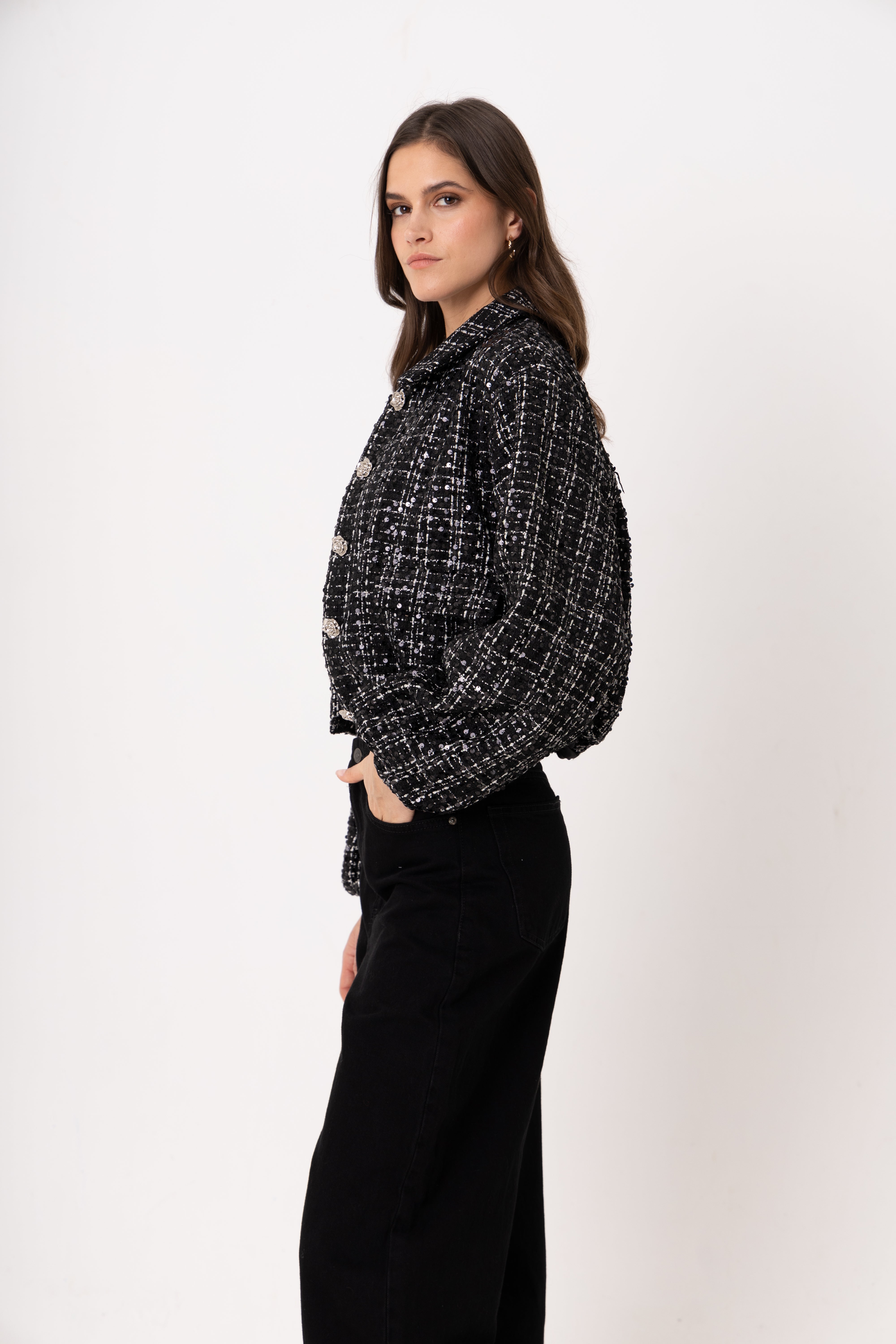 Marnie Black Sequin Boucle Cropped Jacket