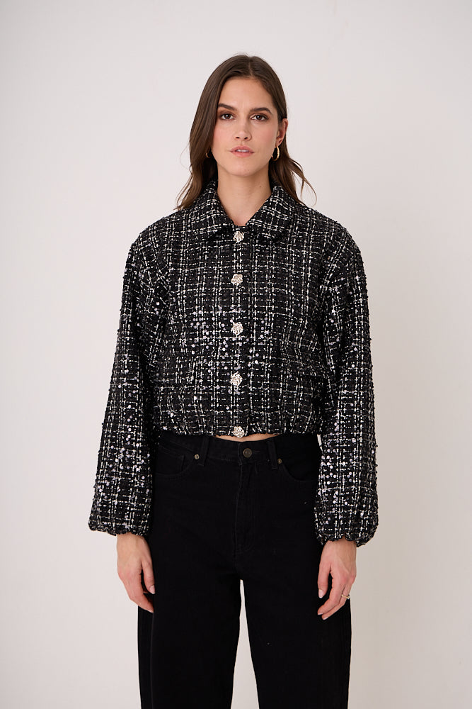 Marnie Black Sequin Boucle Cropped Jacket