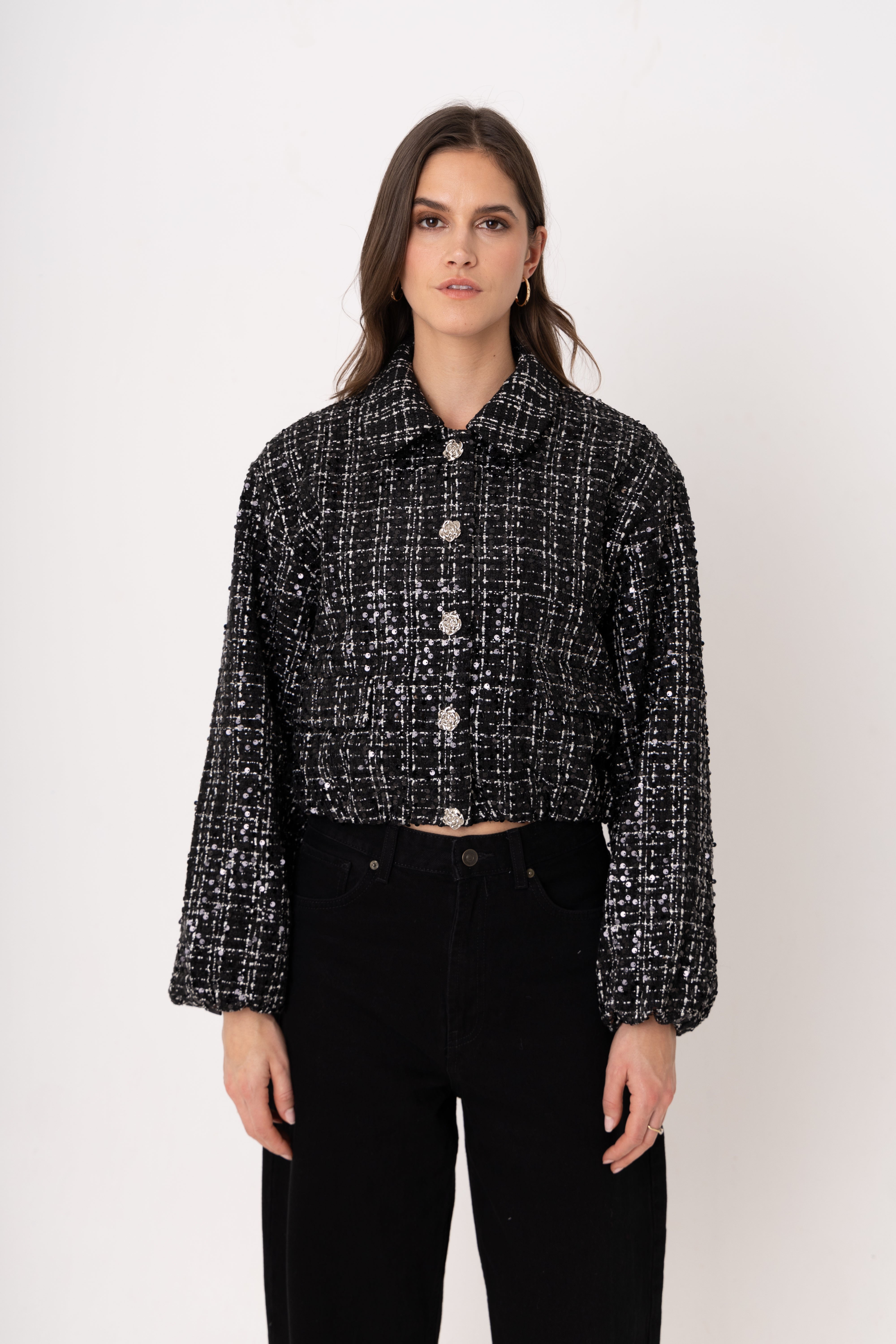 Marnie Black Sequin Boucle Cropped Jacket