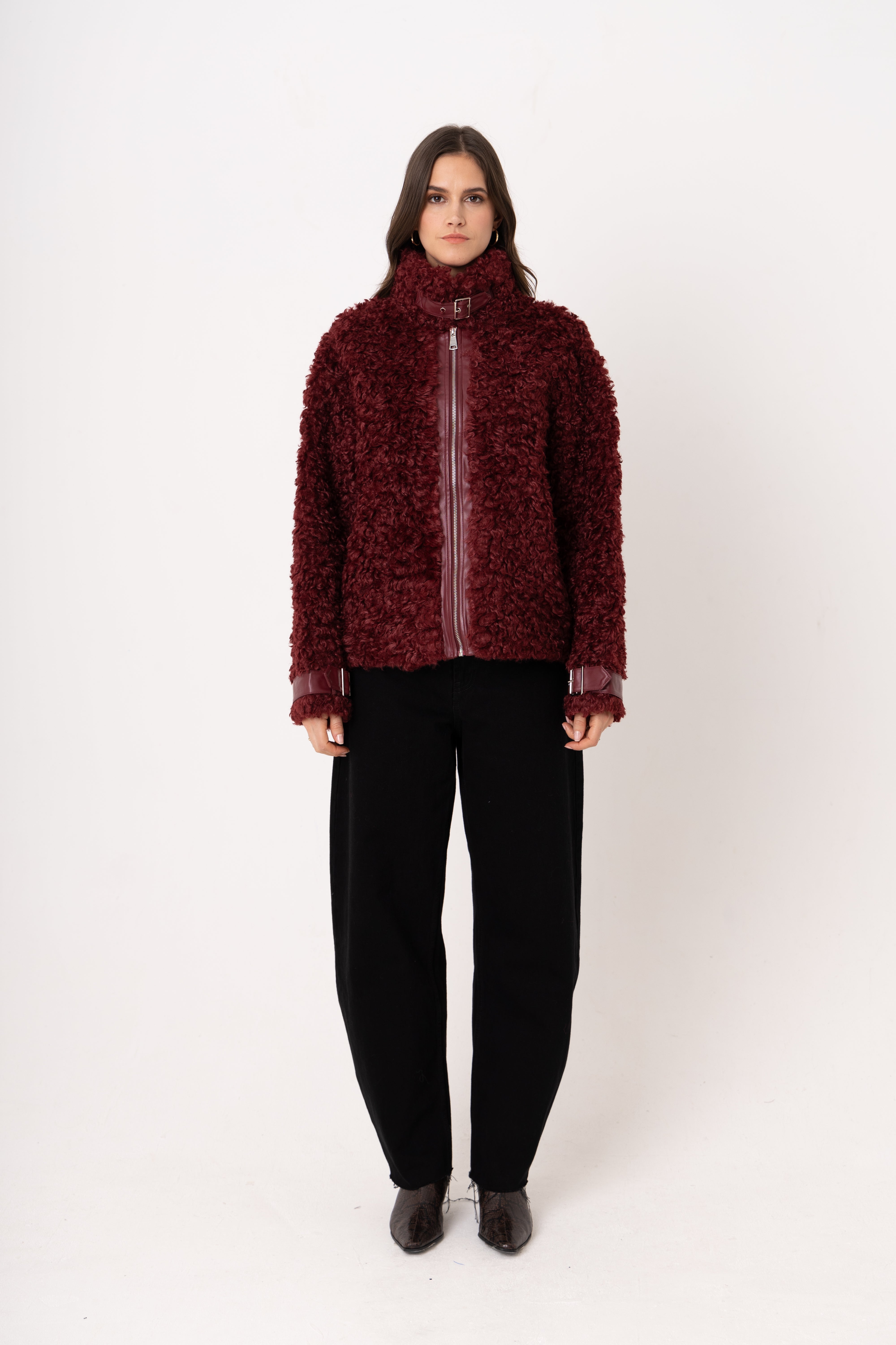 Celeste Burgundy Funnel Neck Faux Shearling Coat