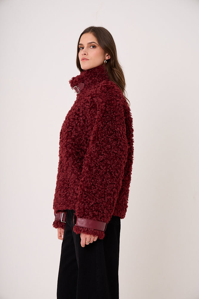 Celeste Burgundy Funnel Neck Faux Shearling Coat