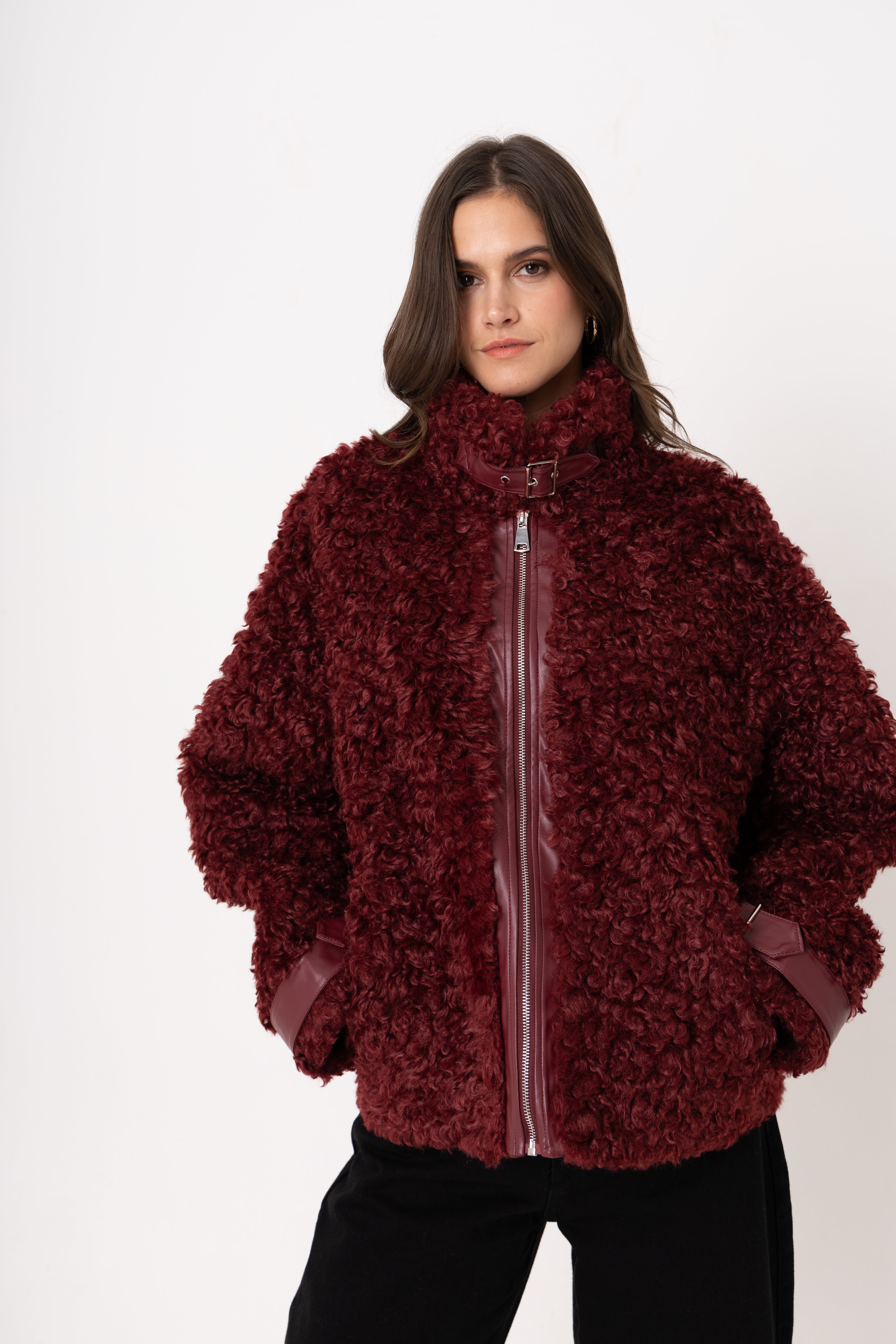 Celeste Burgundy Funnel Neck Faux Shearling Coat
