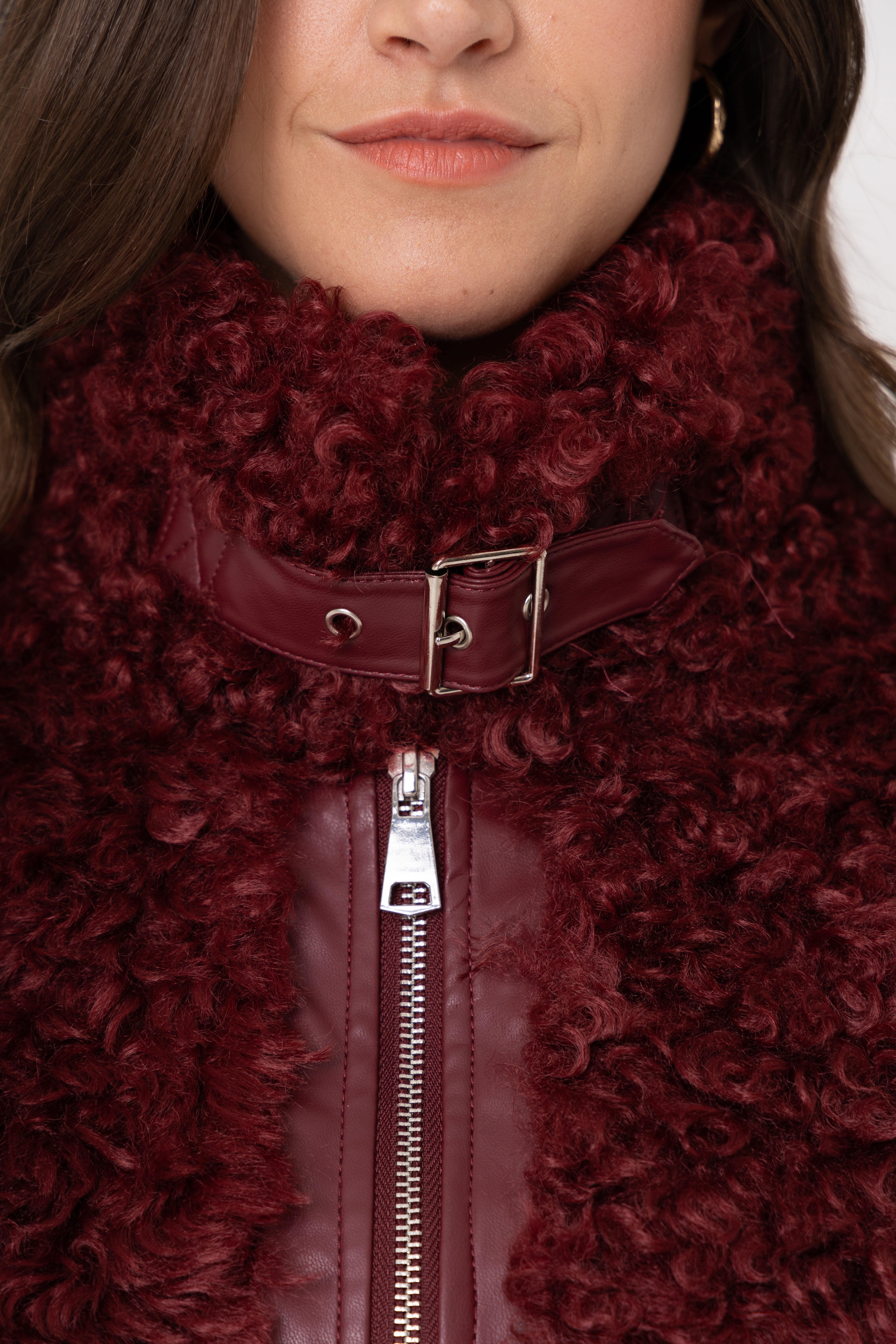 Celeste Burgundy Funnel Neck Faux Shearling Coat