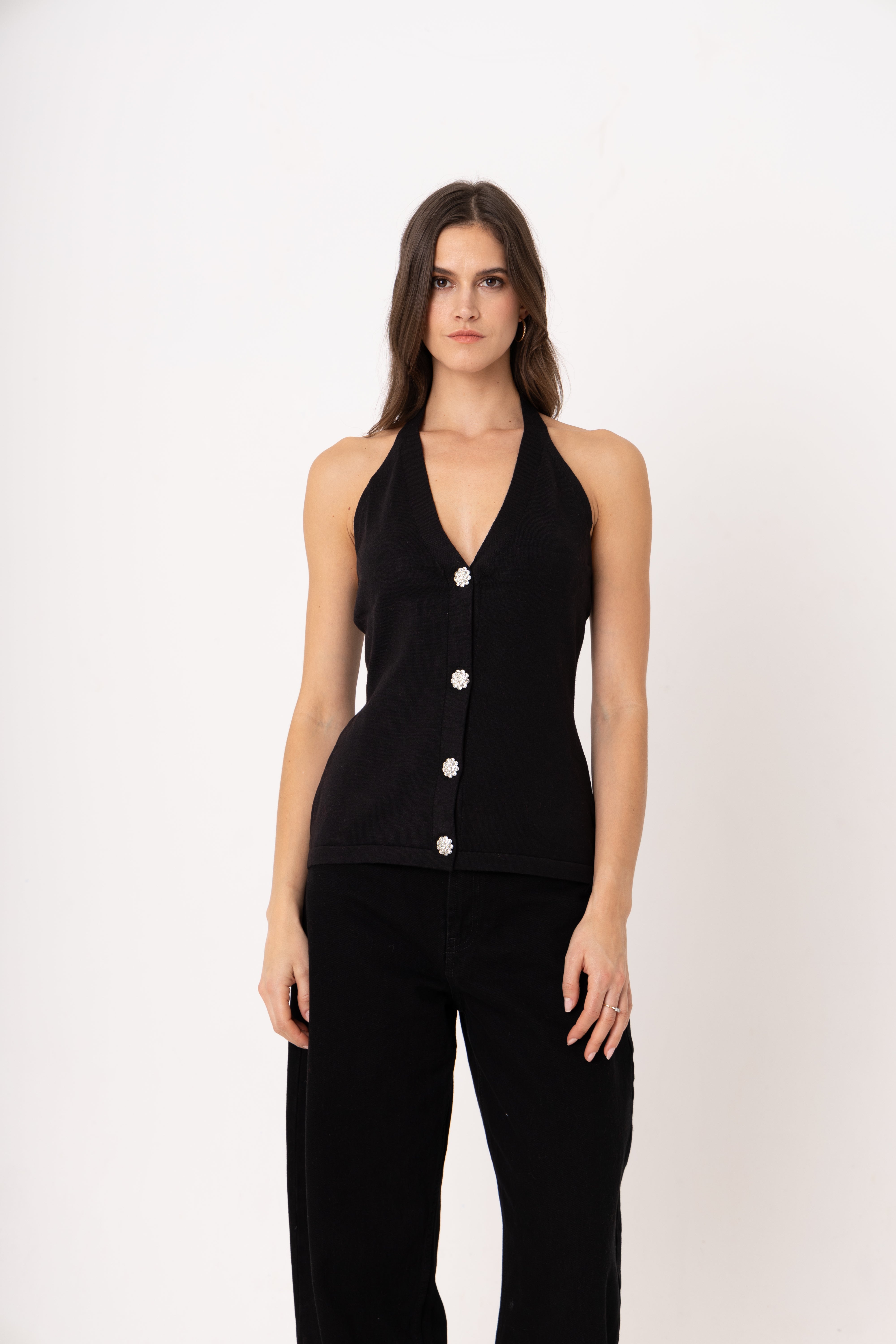 Clarissa Black Viscose Knitted Halter Top