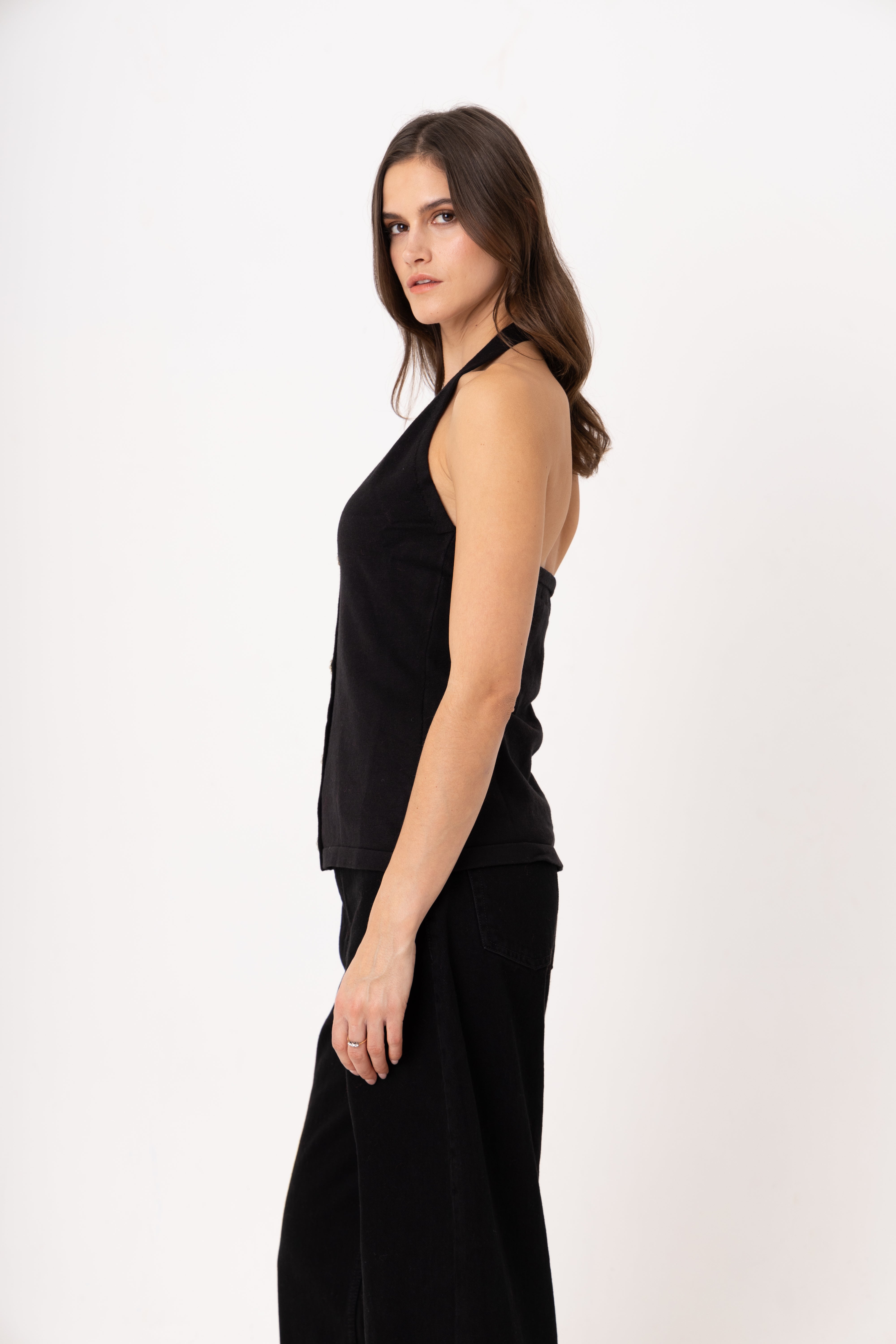 Clarissa Black Viscose Knitted Halter Top