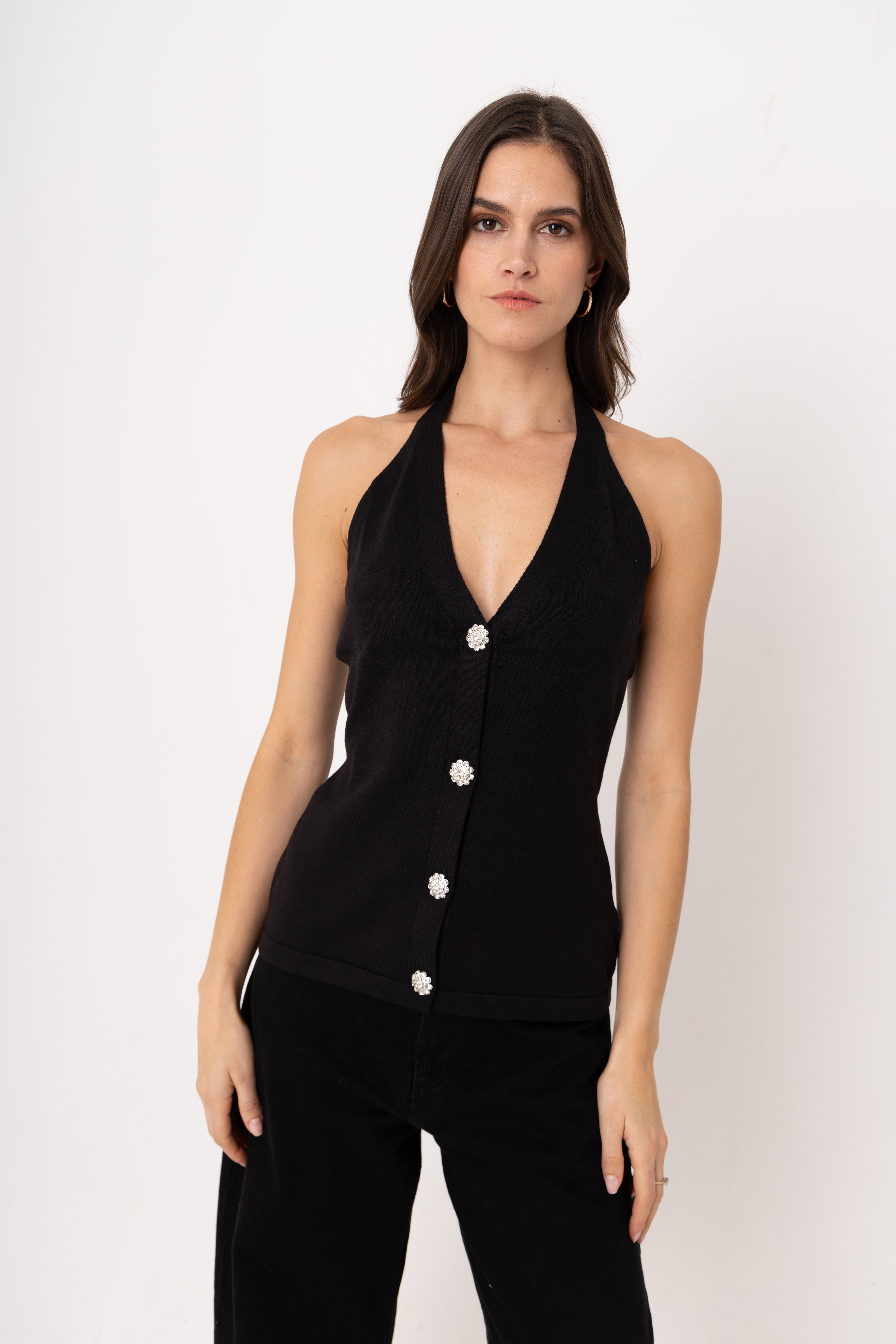 Clarissa Black Viscose Knitted Halter Top