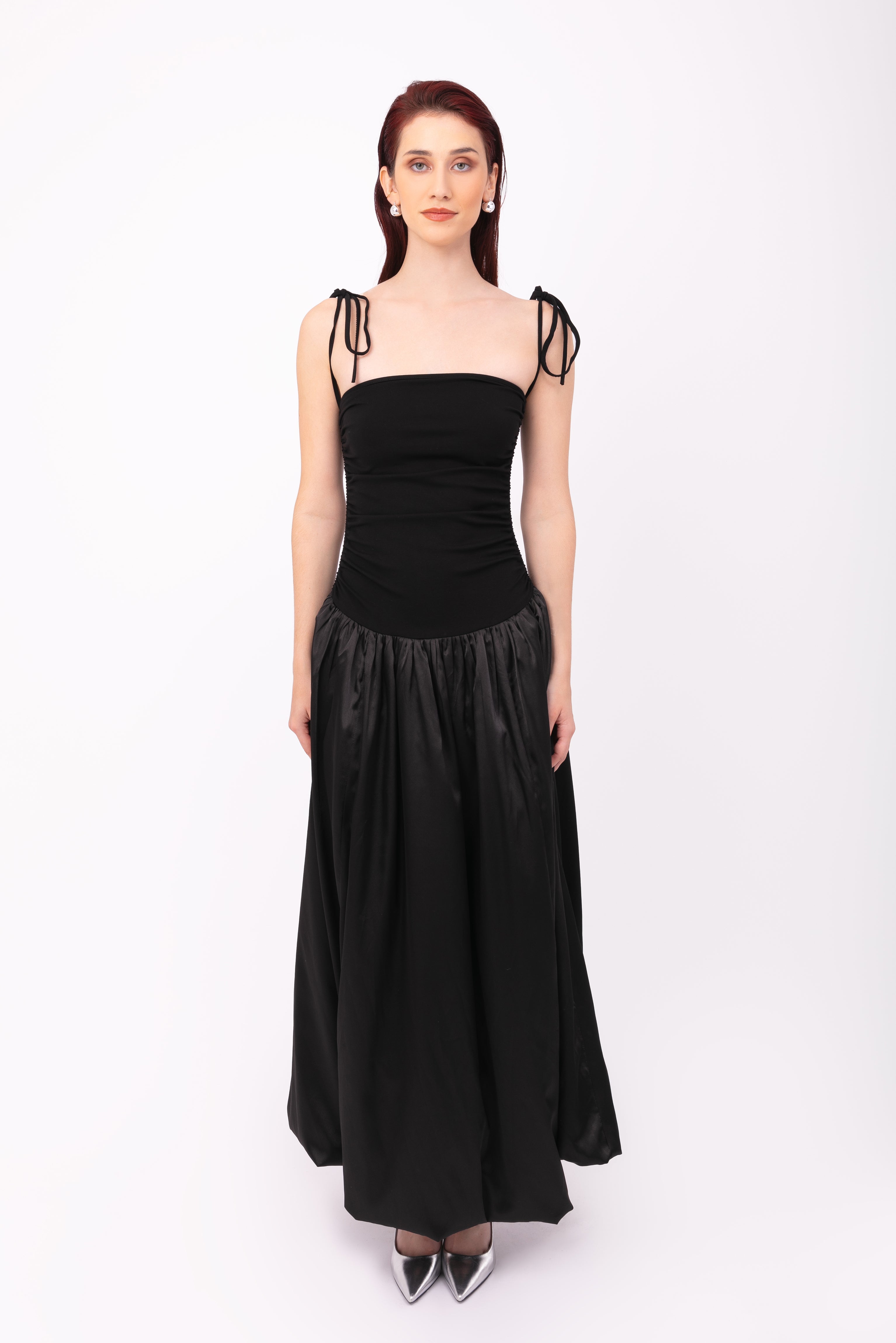 Alexa Rich Cotton Black Satin Puffball Maxi Dress