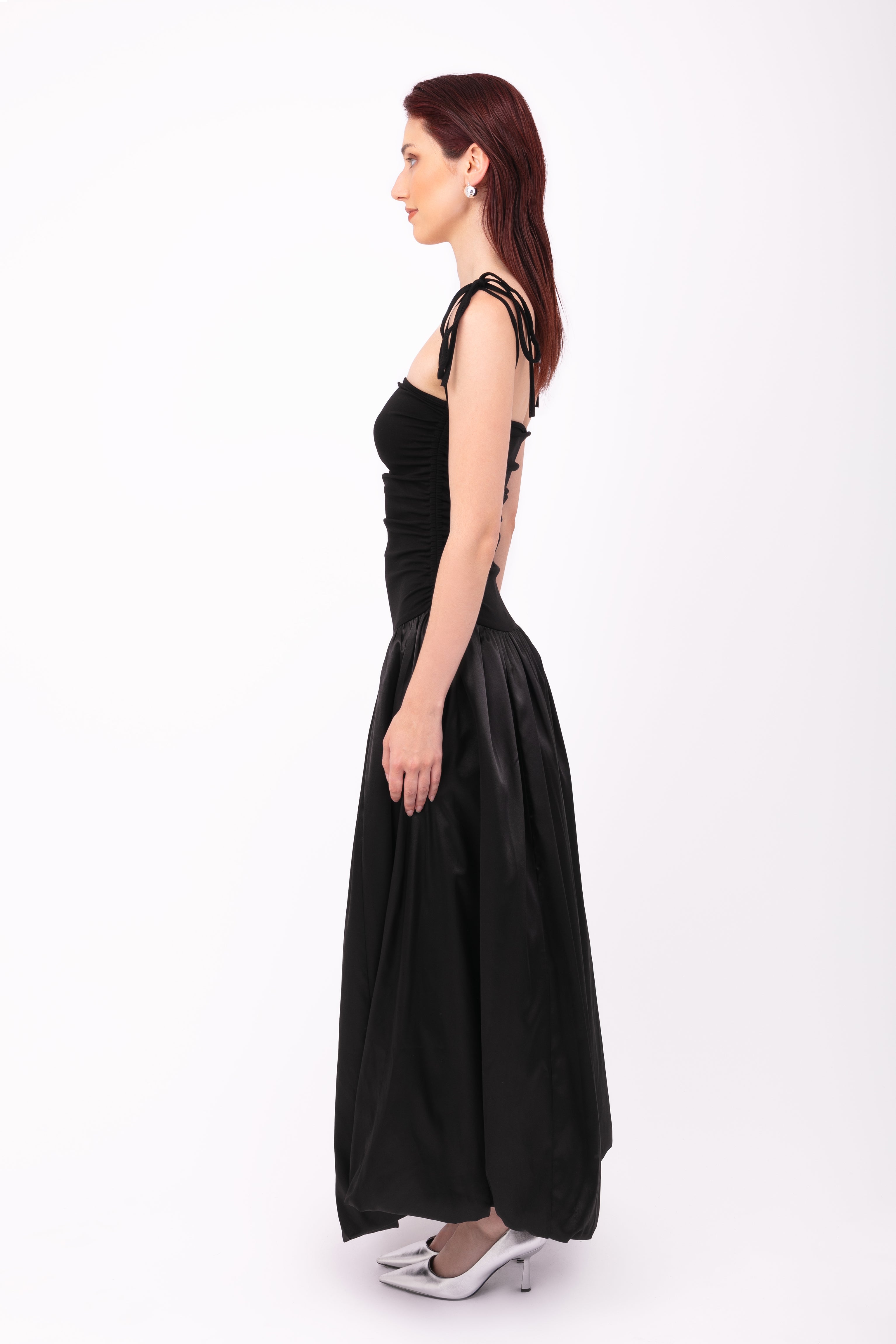 Alexa Rich Cotton Black Satin Puffball Maxi Dress