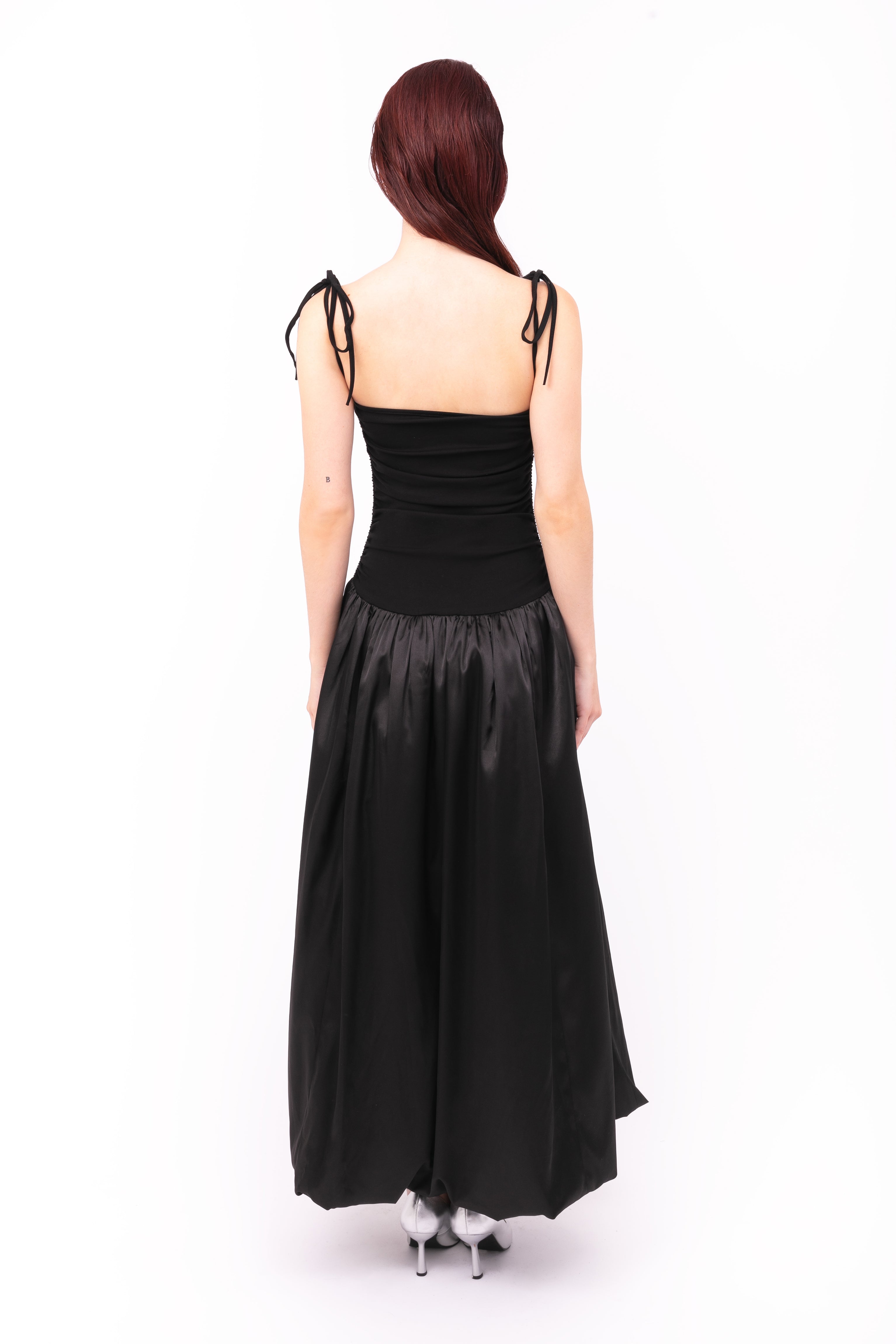 Alexa Rich Cotton Black Satin Puffball Maxi Dress