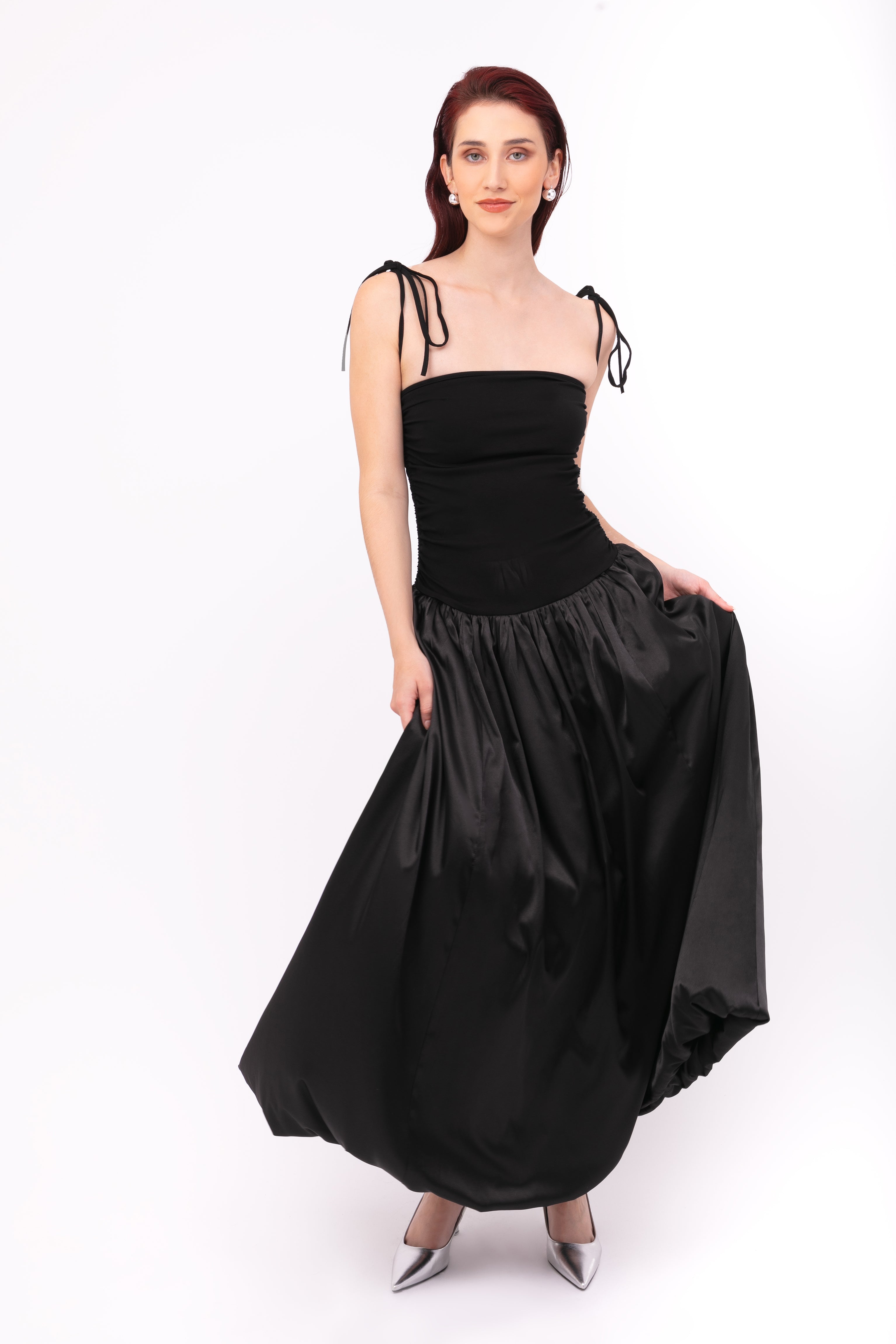 Alexa Rich Cotton Black Satin Puffball Maxi Dress